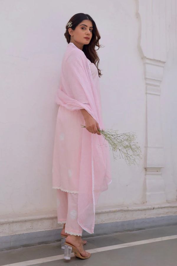 Pink Cotton Tie & Dye White Lace Straight Set with Doriya Dupatta