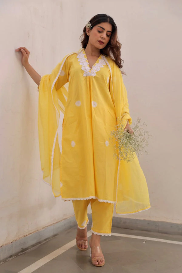 Yellow Cotton Tie & Dye White Lace Straight Set with Doriya Dupatta