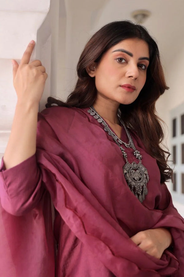 Purple Chanderi Straight Set With Organza Dupatta