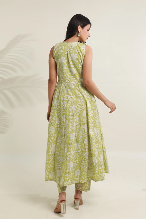 Pista Jaal Handblock Cotton Anarkali with Organza gota work Dupatta