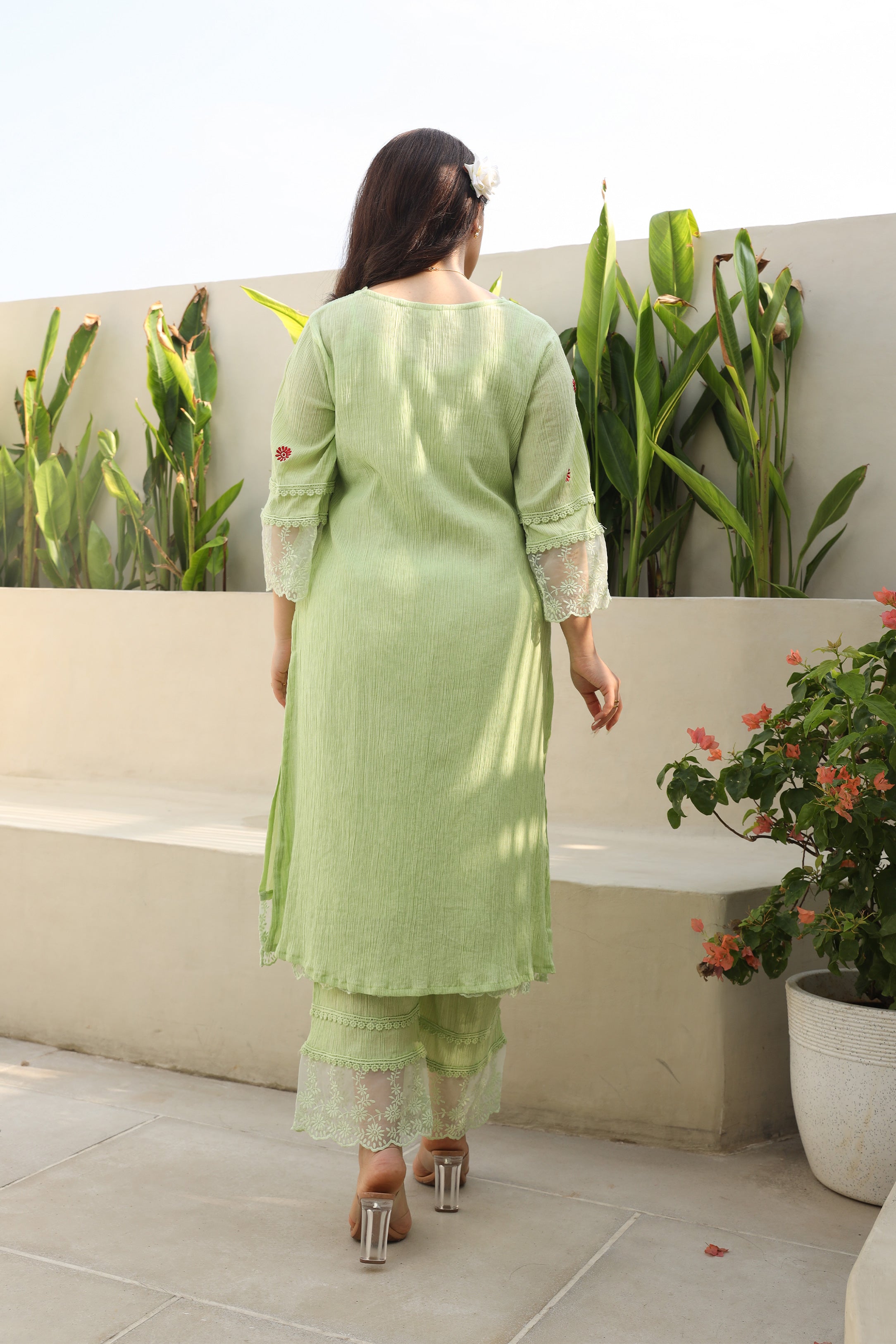 Floral Elegance Pista Cotton Gauze Kurta Set with Kota Doriya Dupatta Asrumo