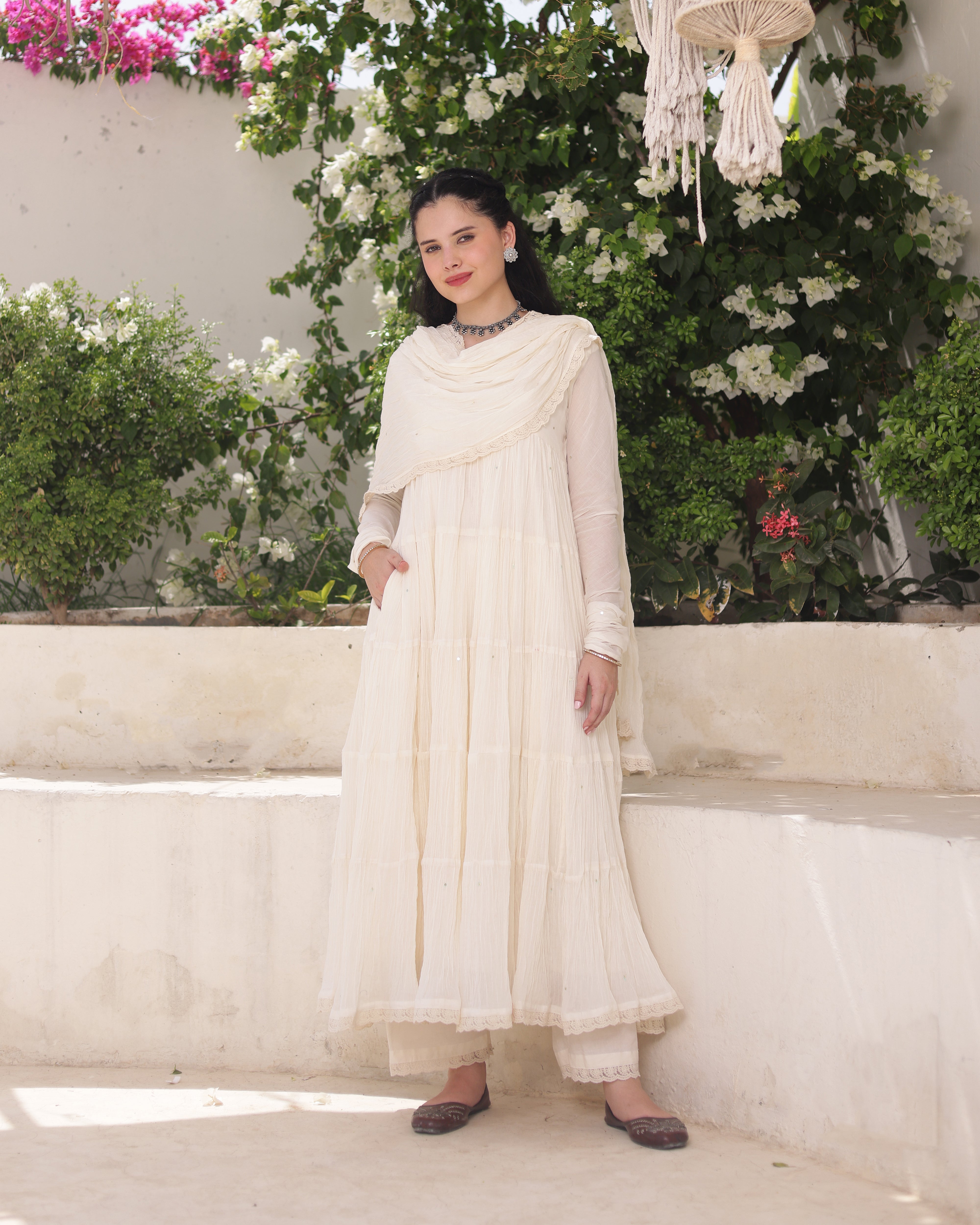 Ivory Noor Cotton Mulmul Anarkali Suit Set with Taari Work Dupatta