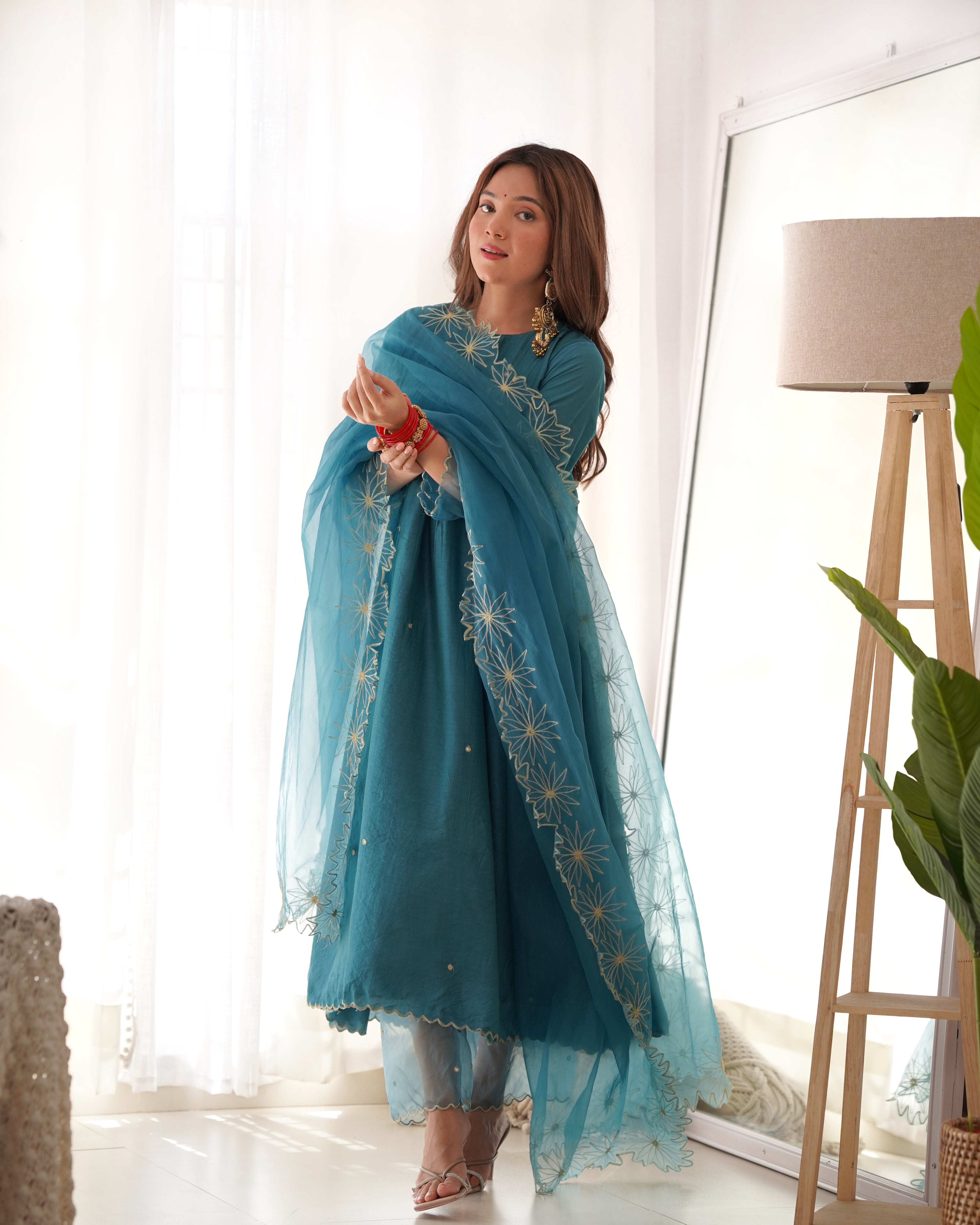 Chanderi pintuck mirror work A-line kurta set Asrumo