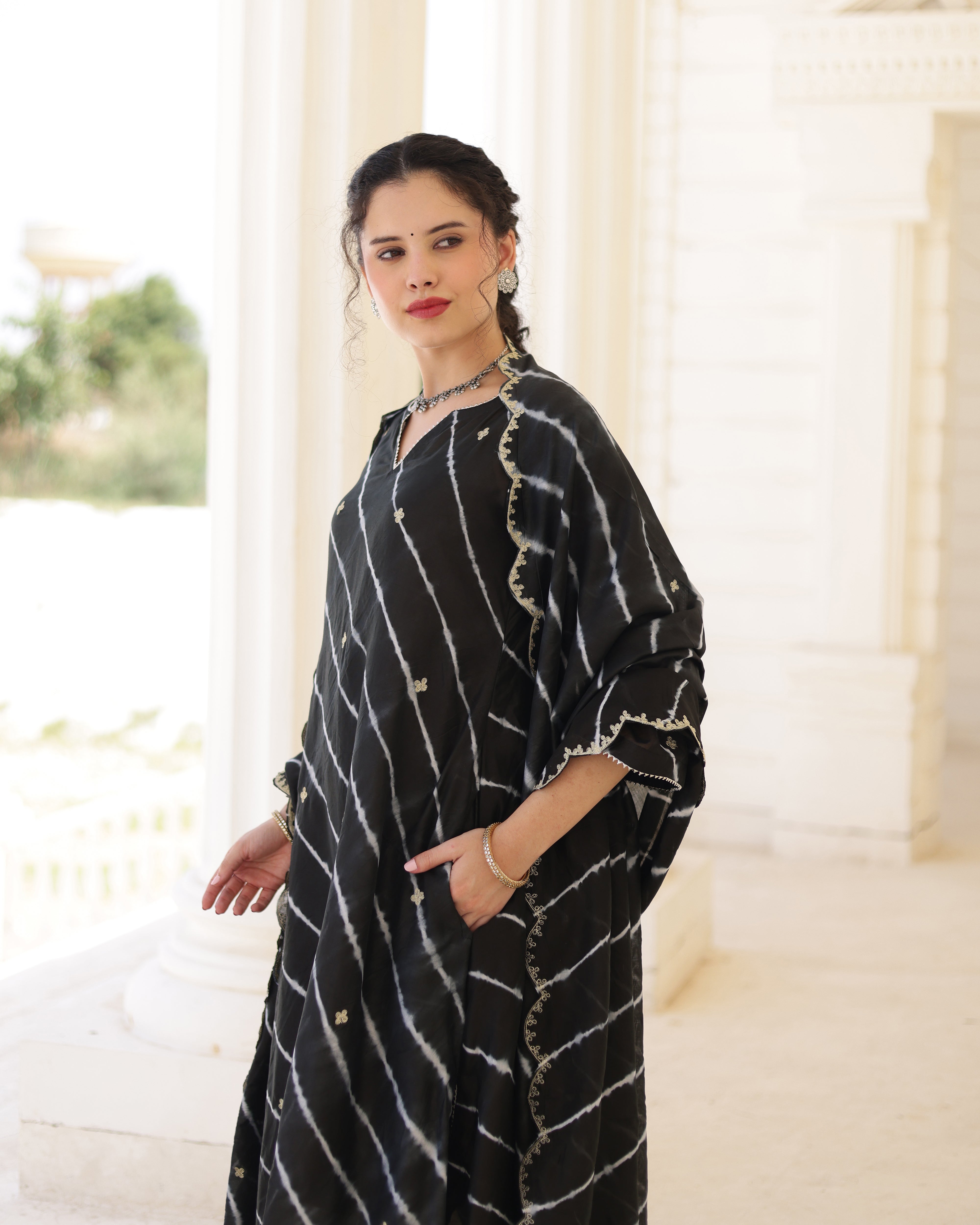 Nero Black Chanderi Hand Dyed Leheriya Kurta Set with Zari Aari Embroidery