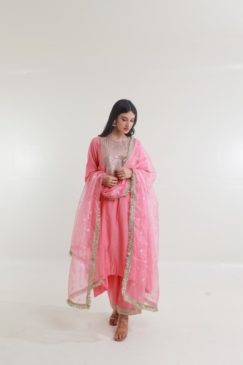 Pink Chanderi Straight Set Asrumo