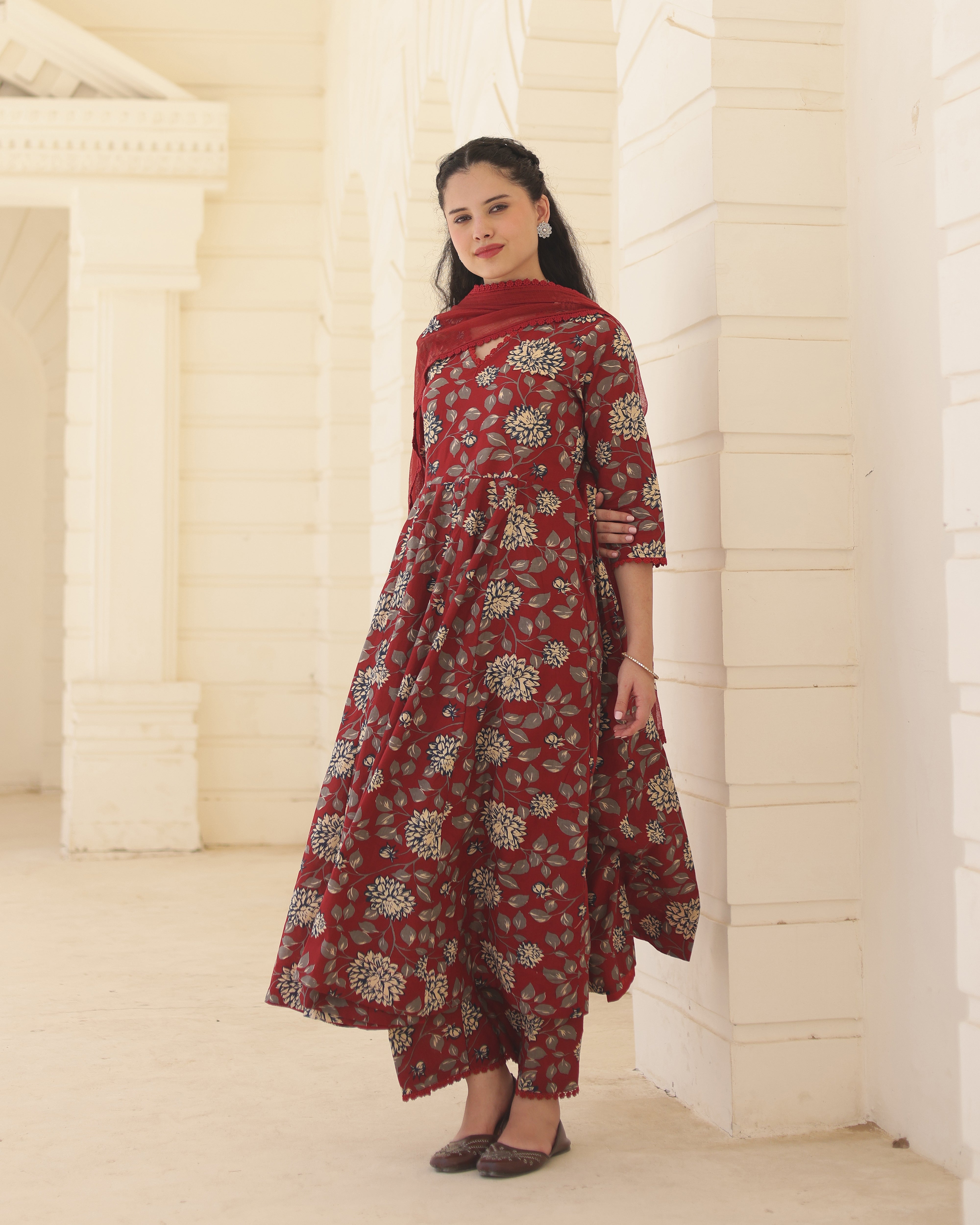 Handblock Crimson Cotton Anarkali Suit Set with Kota Doria Dupatta