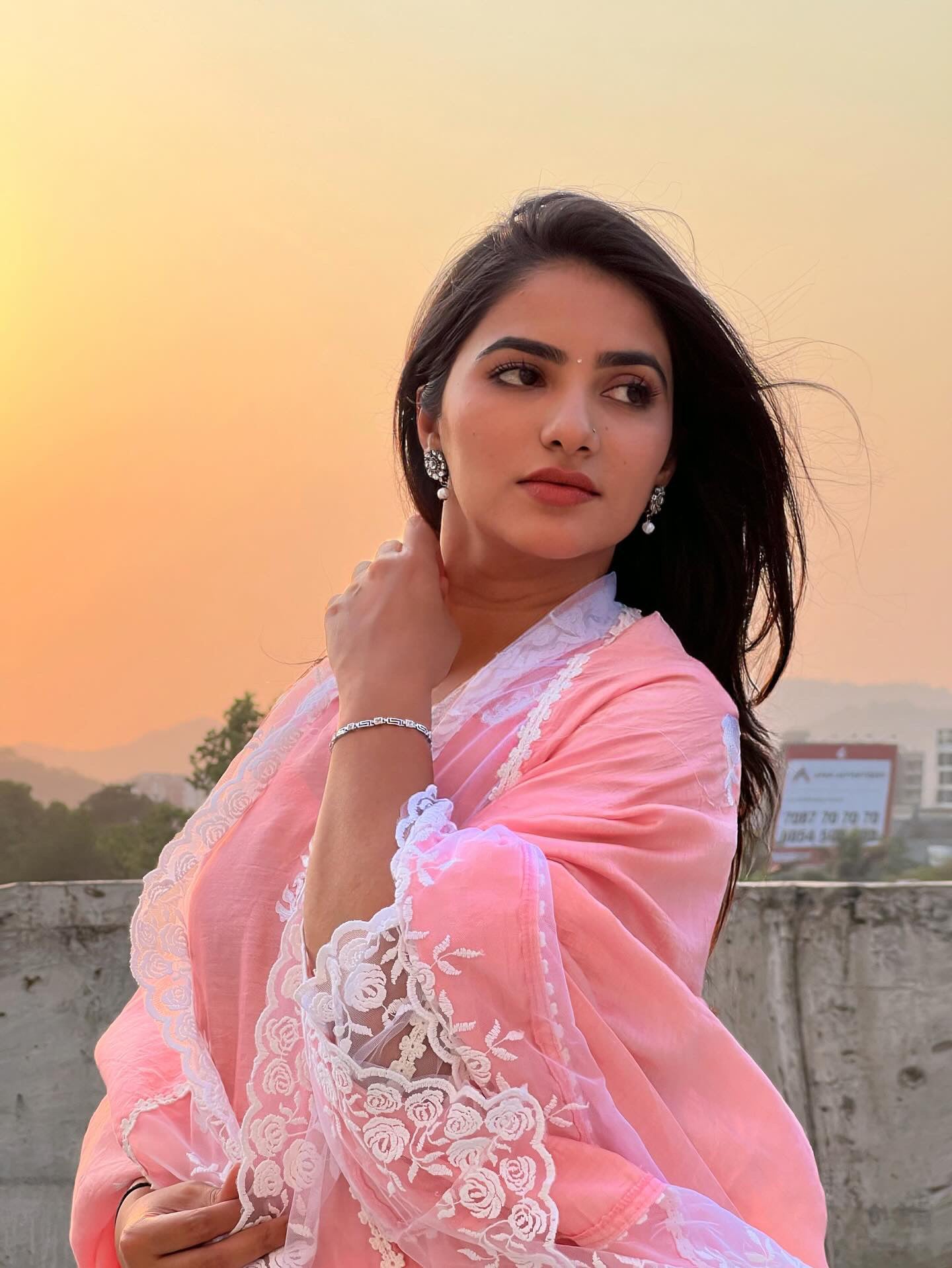 Pink aari embroidery lace detailing A-line set