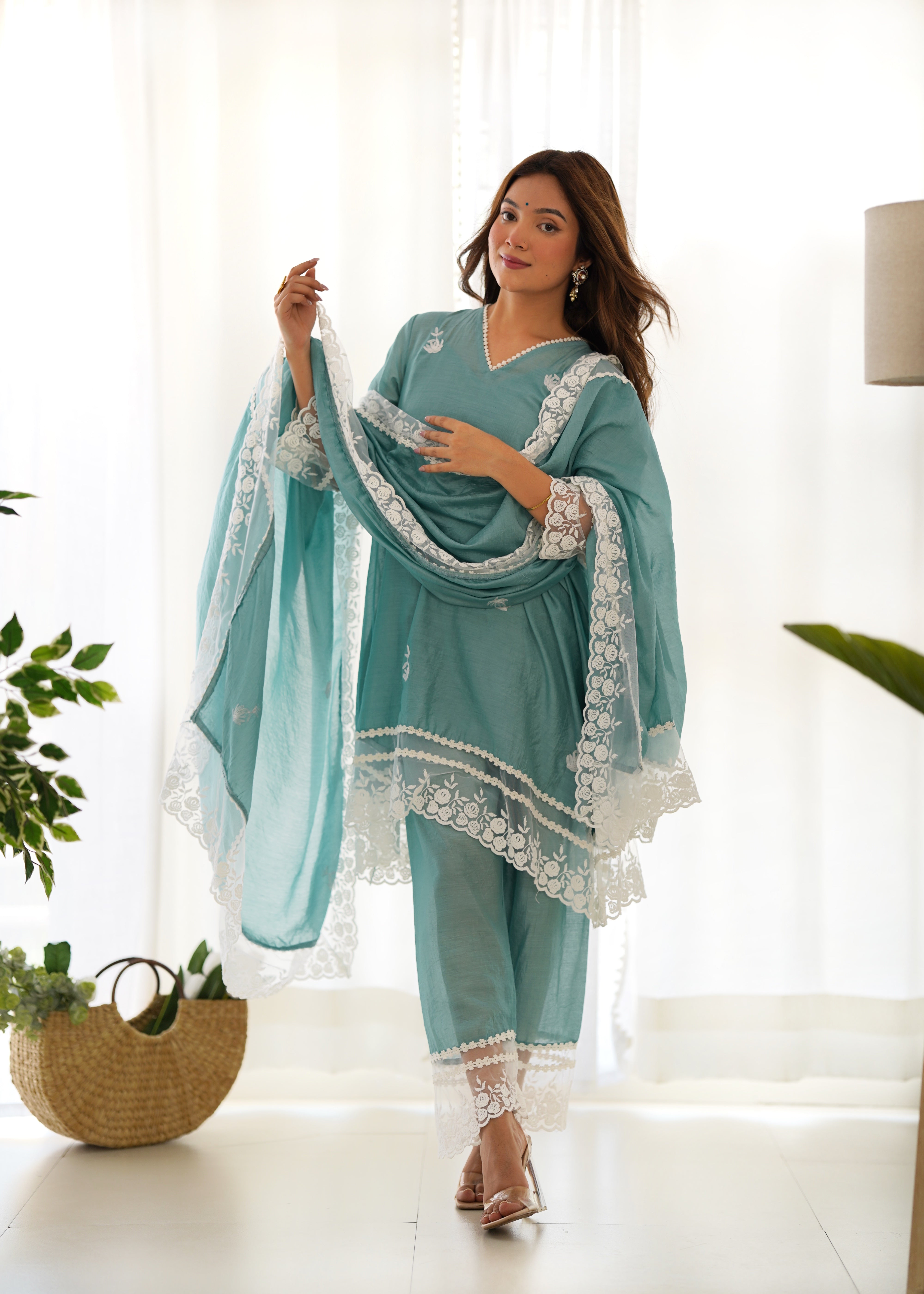 Mint Aari Embroidery lace detailing A-line set