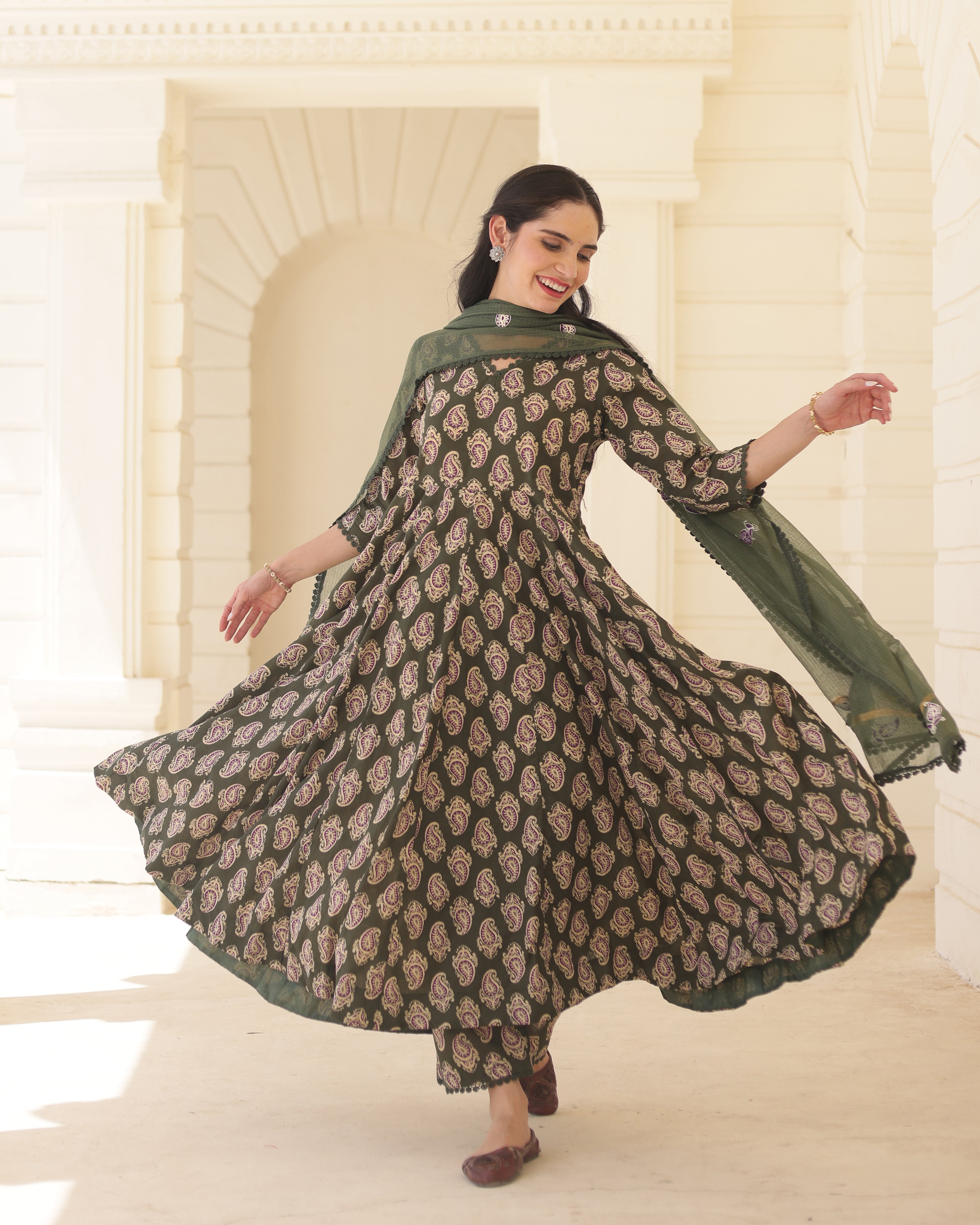 Handblock Olive paisley Green Cotton Anarkali Suit Set with Kota Doria Dupatta