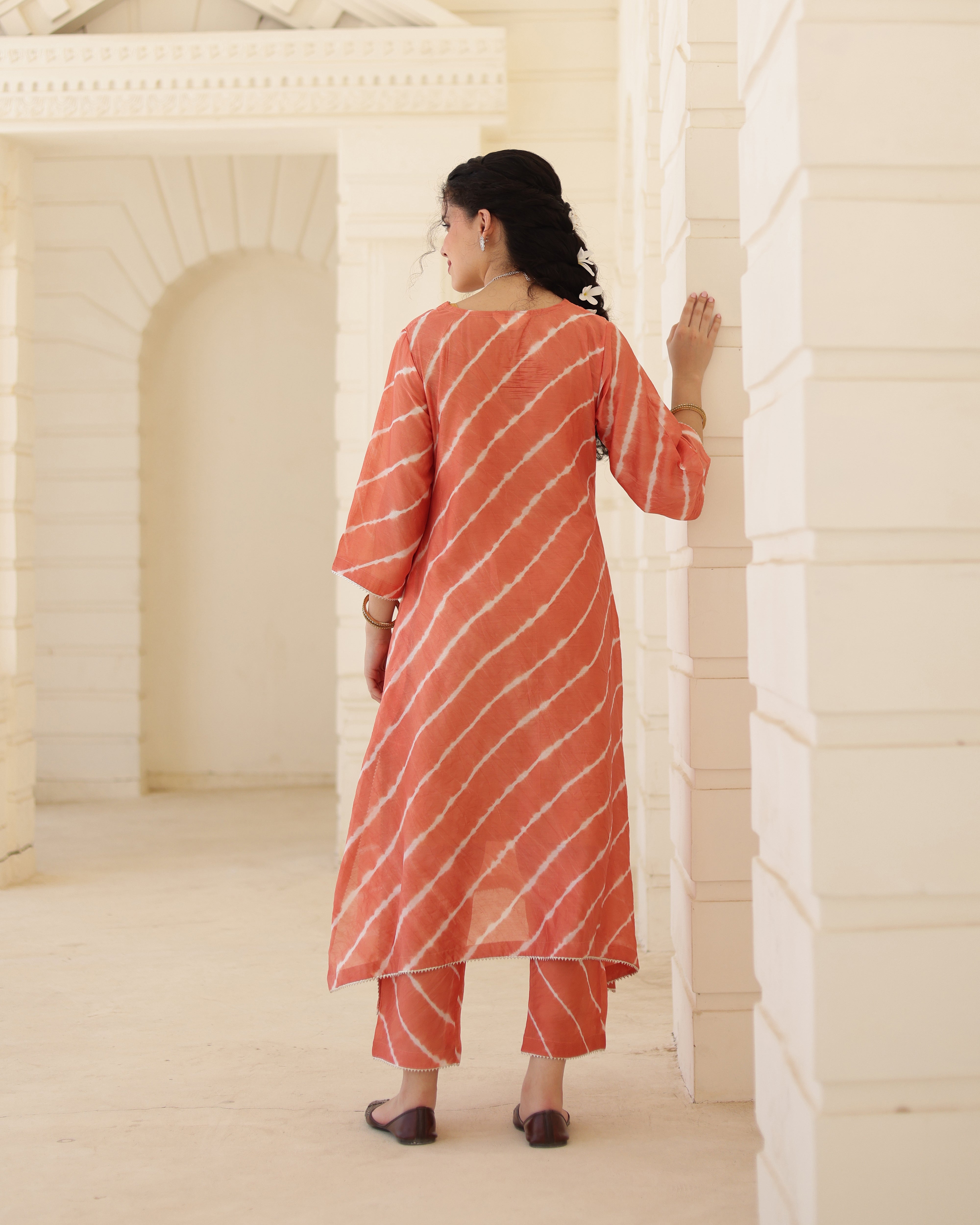 Terracotta Chanderi Hand Dyed Leheriya Kurta Set with Zari Embroidery