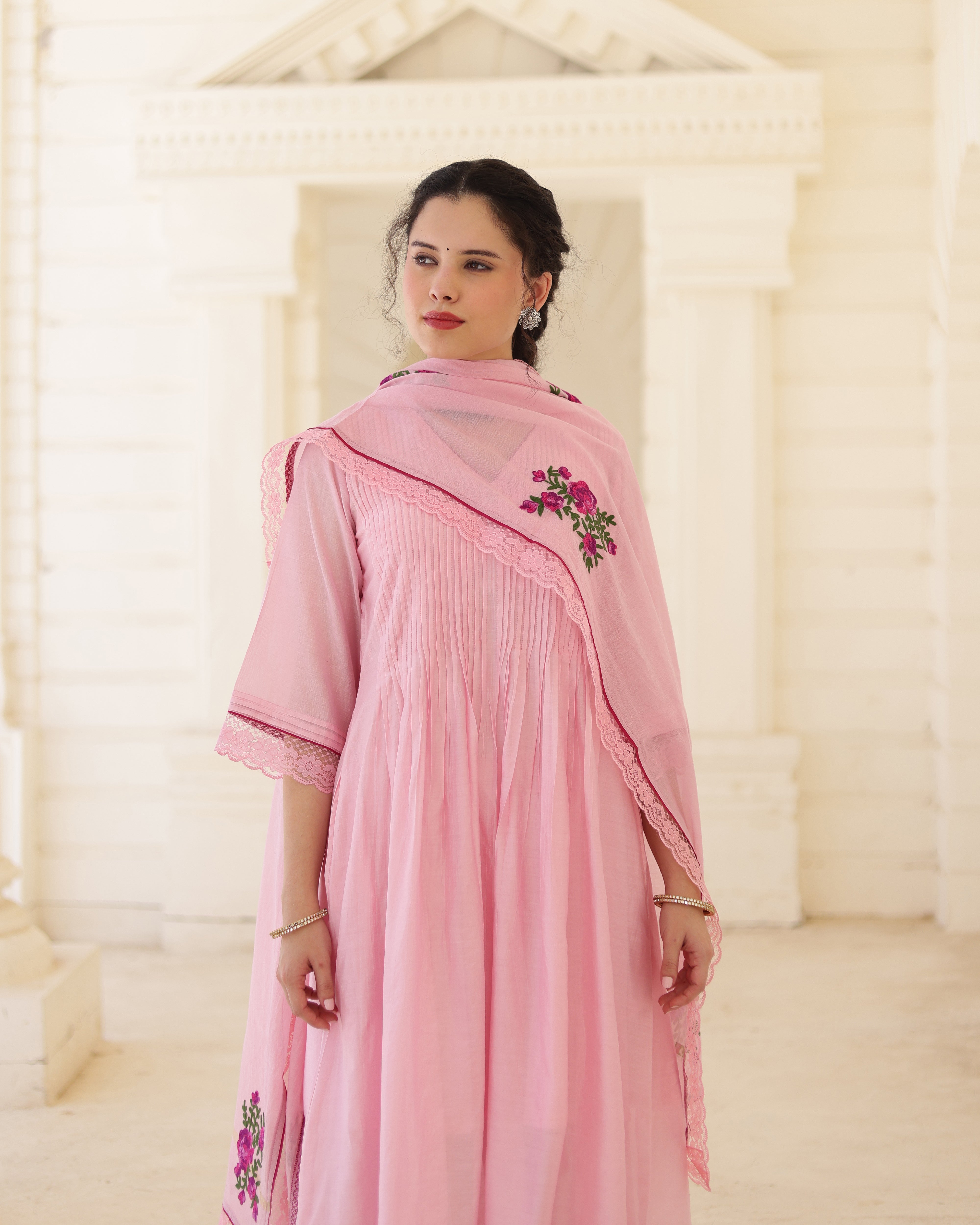 Roselle Blush Pink Chanderi Aari Embroidered Kurta Palazzo Set with Floral Dupatta