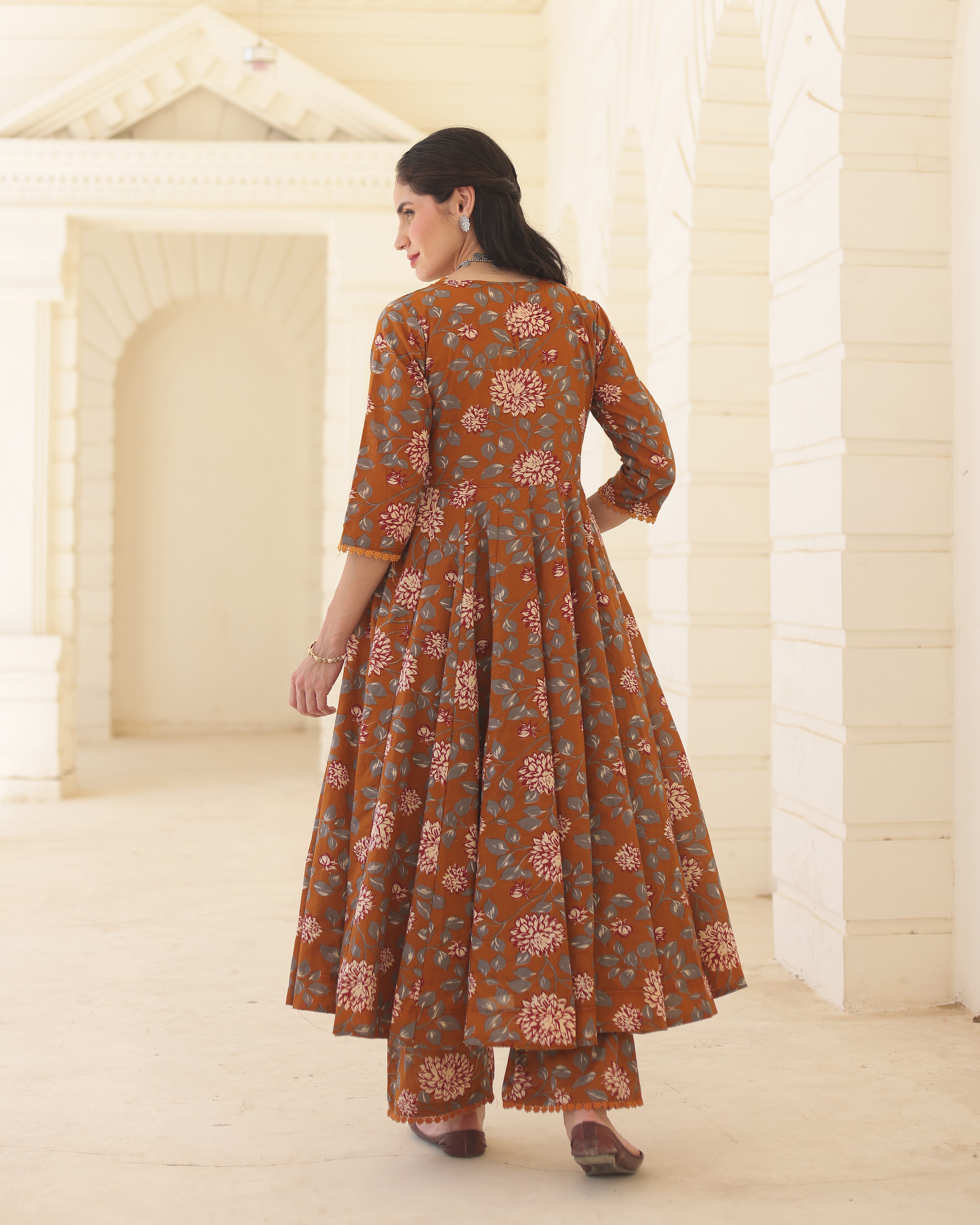 Amber Handblock Cotton Floral Anarkali Suit Set with Doriya Dupatta