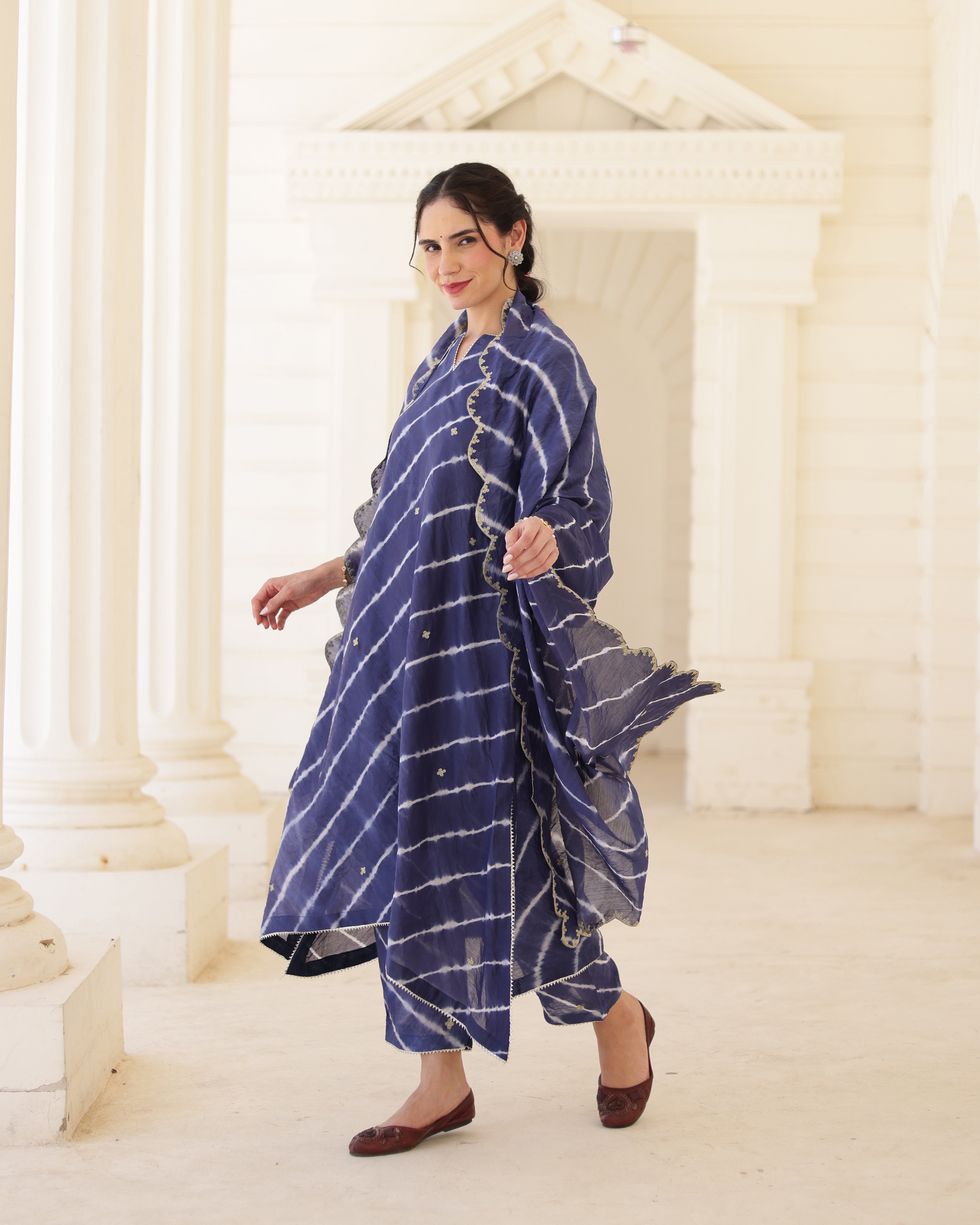 Indigoire Royal blue Chanderi Hand Dyed Leheriya Kurta Set with Zari Aari Embroidery