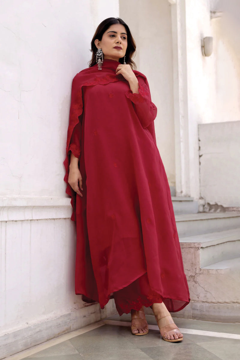 Red Hand Aari Embroidery Viscose Organza Three Kali Kurta Set - Asrumo