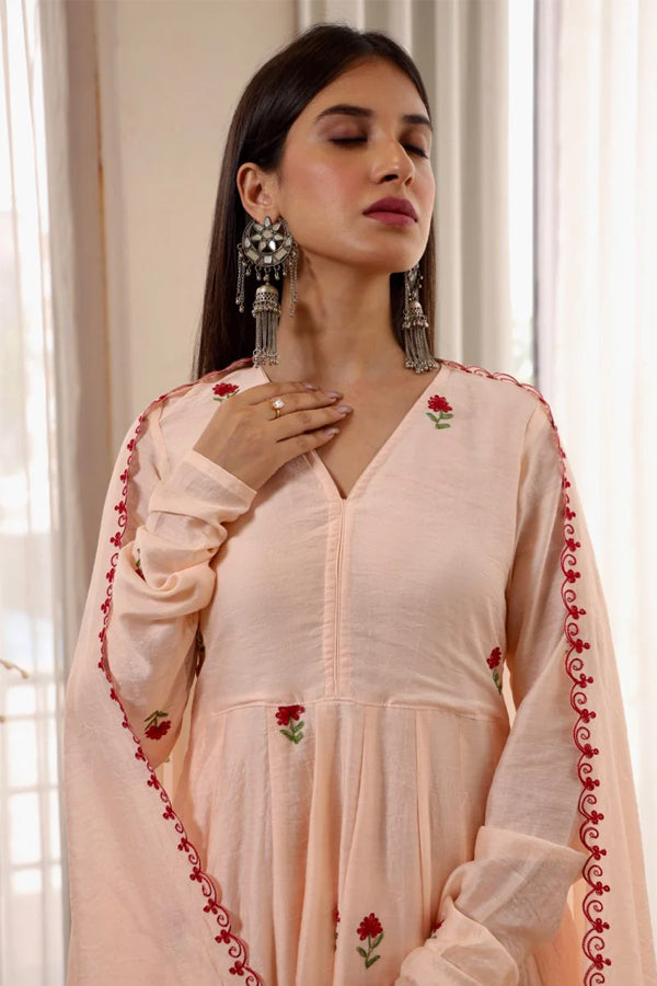 Chanderi peach embroidered anarkali set