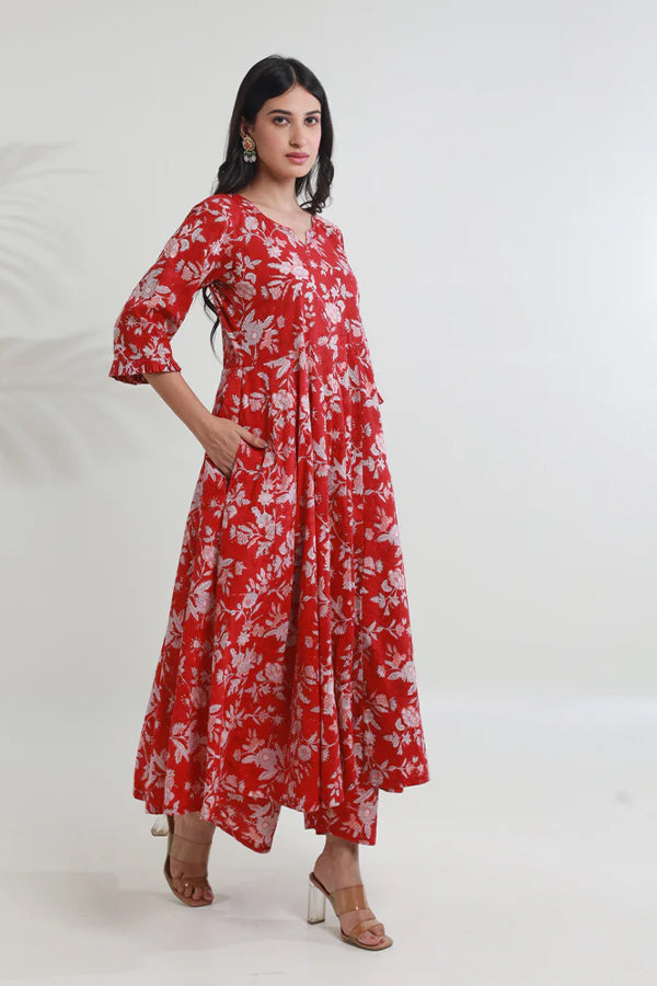 Red Jaal Handblock Cotton Anarkali with Organza gota work Dupatta