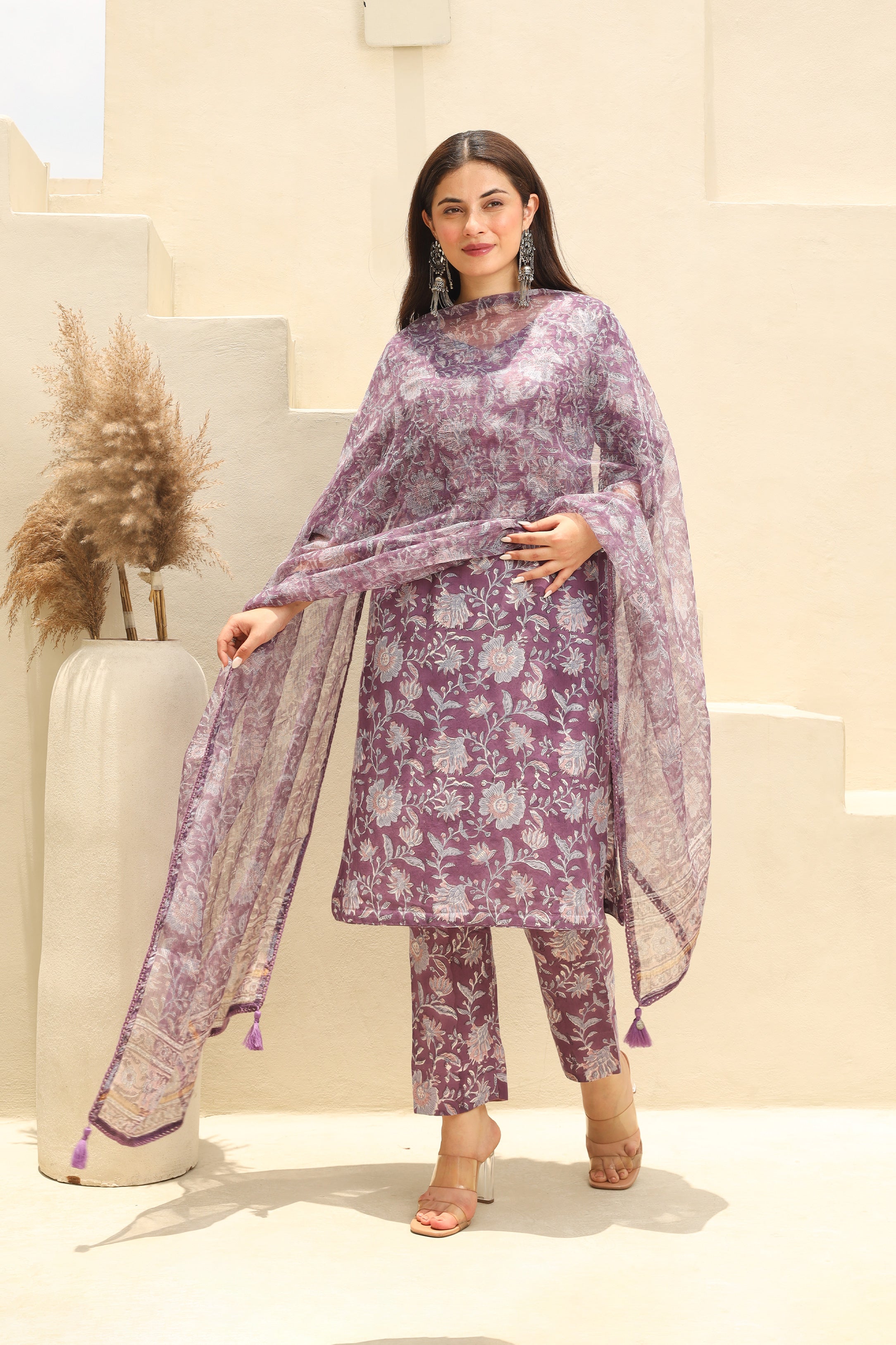 Purple Flowery Cotton Handblock Print Suit Set Asrumo