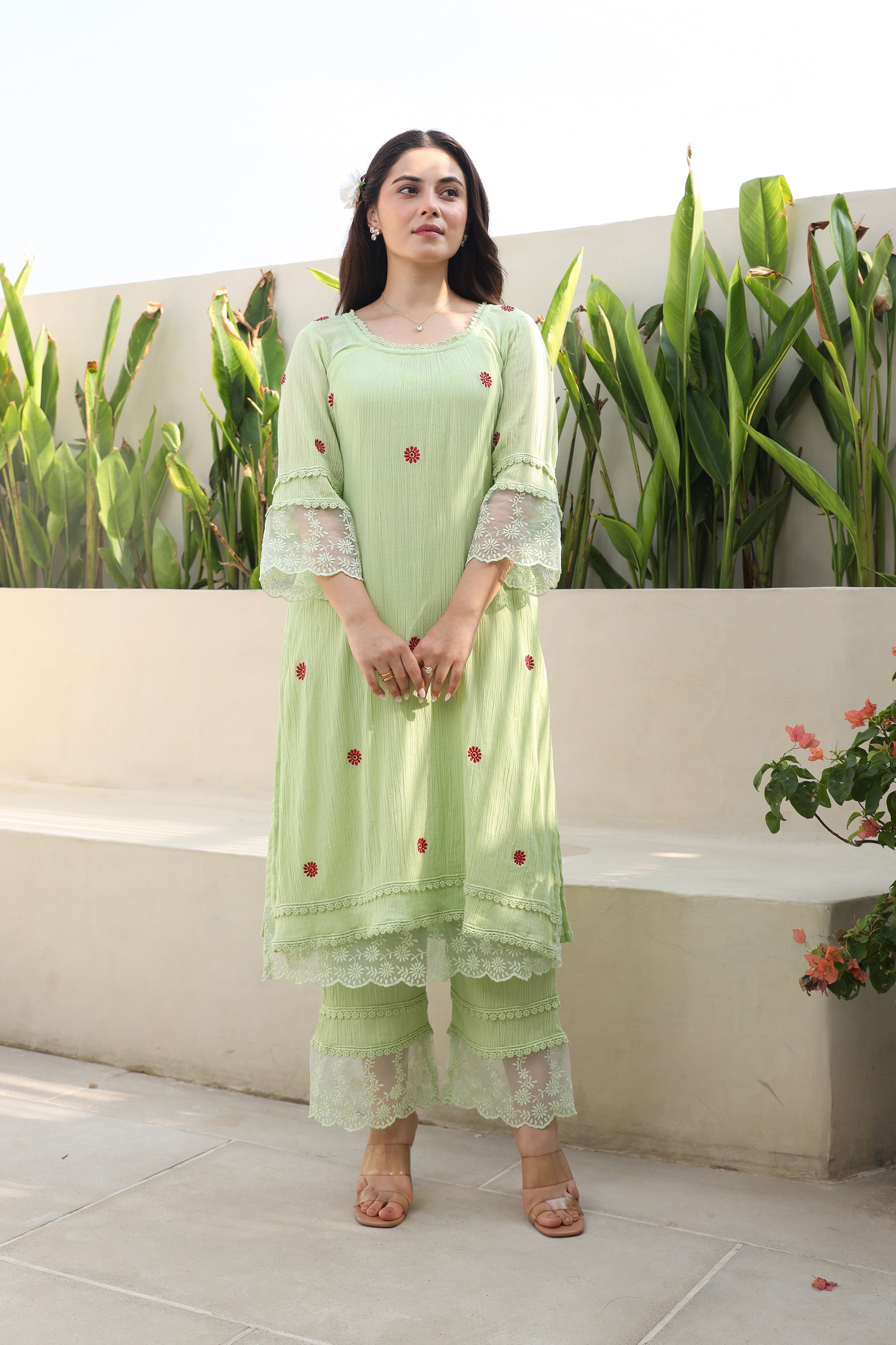 Floral Elegance Pista Cotton Gauze Kurta Set with Kota Doriya Dupatta Asrumo