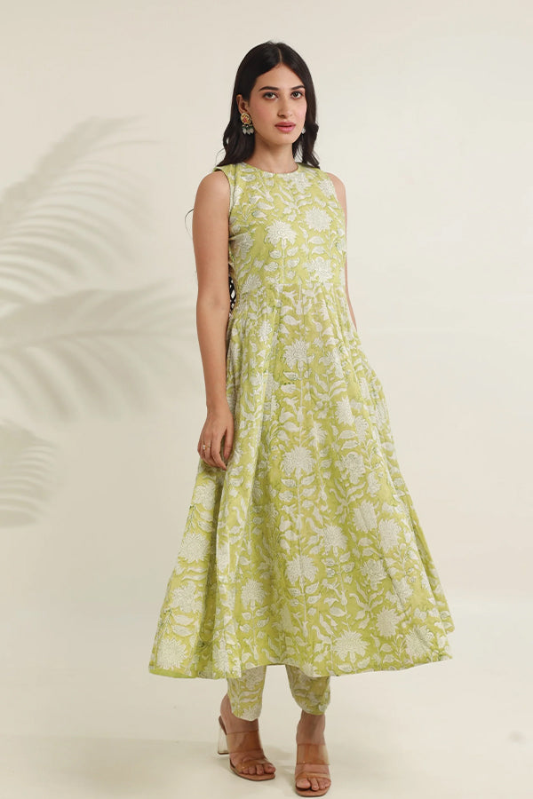 Pista Jaal Handblock Cotton Anarkali with Organza gota work Dupatta