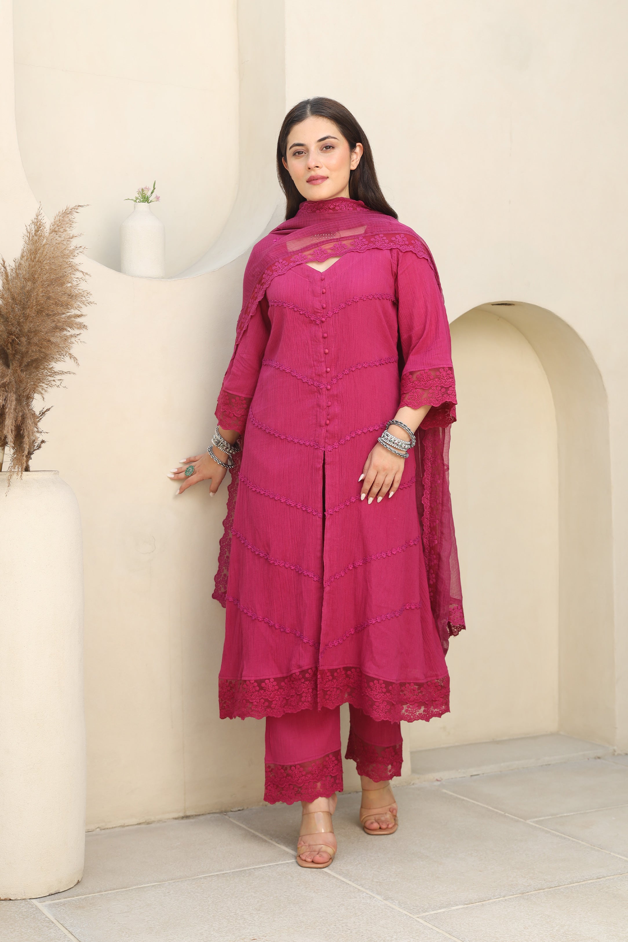 Magenta Bloom Cotton Gauze Suit Set Asrumo