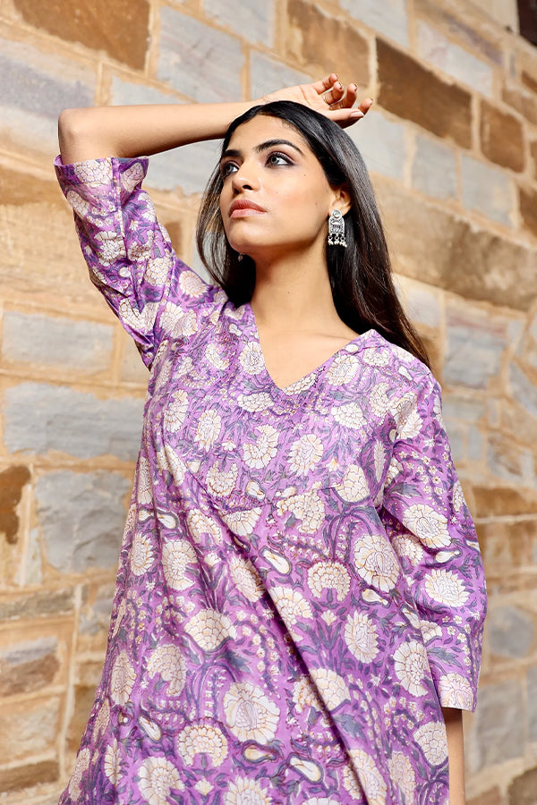 Purple flower print handblock chanderi kurta pant set