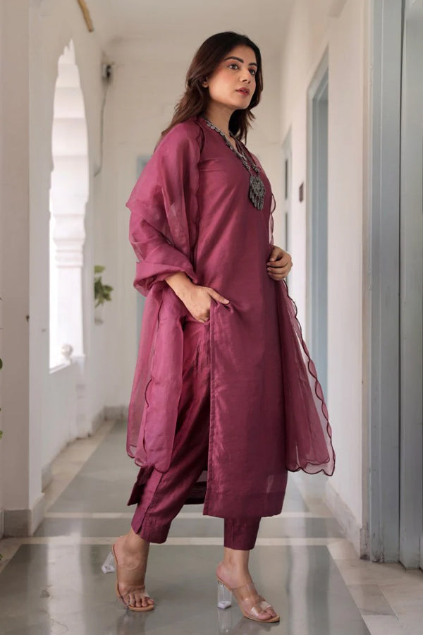 Purple Chanderi Straight Set With Organza Dupatta