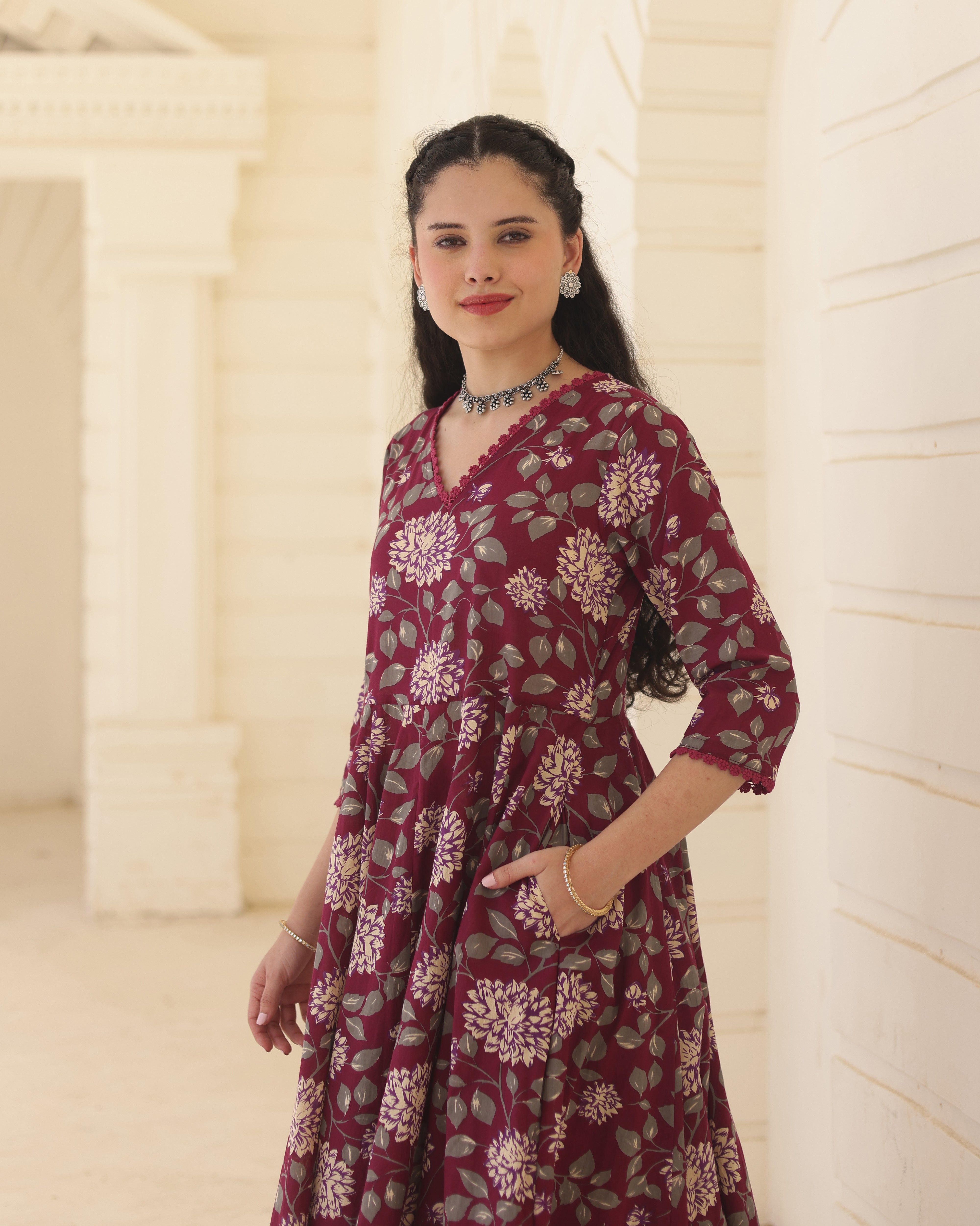 Burgundy Bloom Handblock Cotton Floral Anarkali Suit Set with Doriya Dupatta