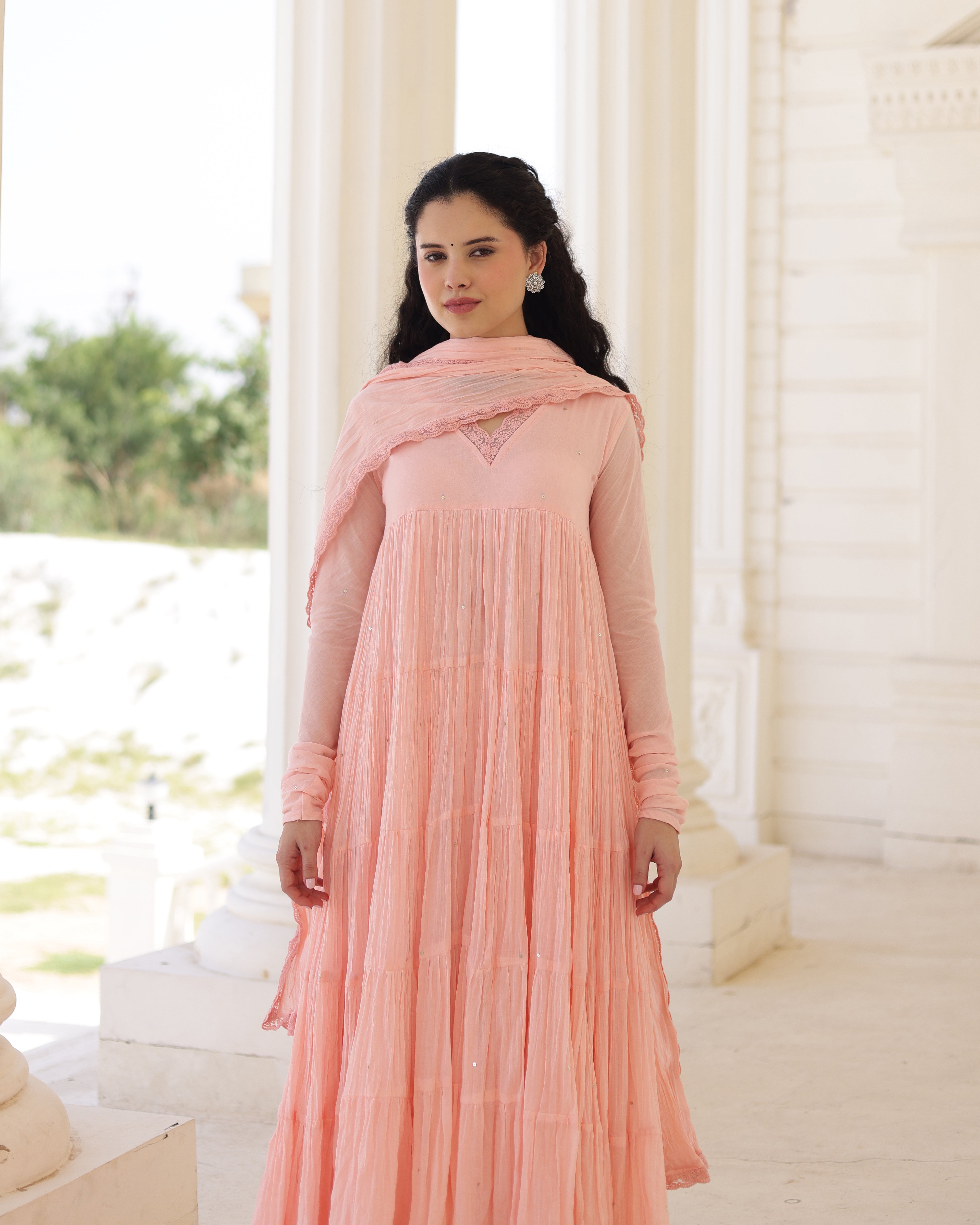 Roselle Blush Peach Cotton Mulmul Tiered Anarkali Suit Set with Dupatta