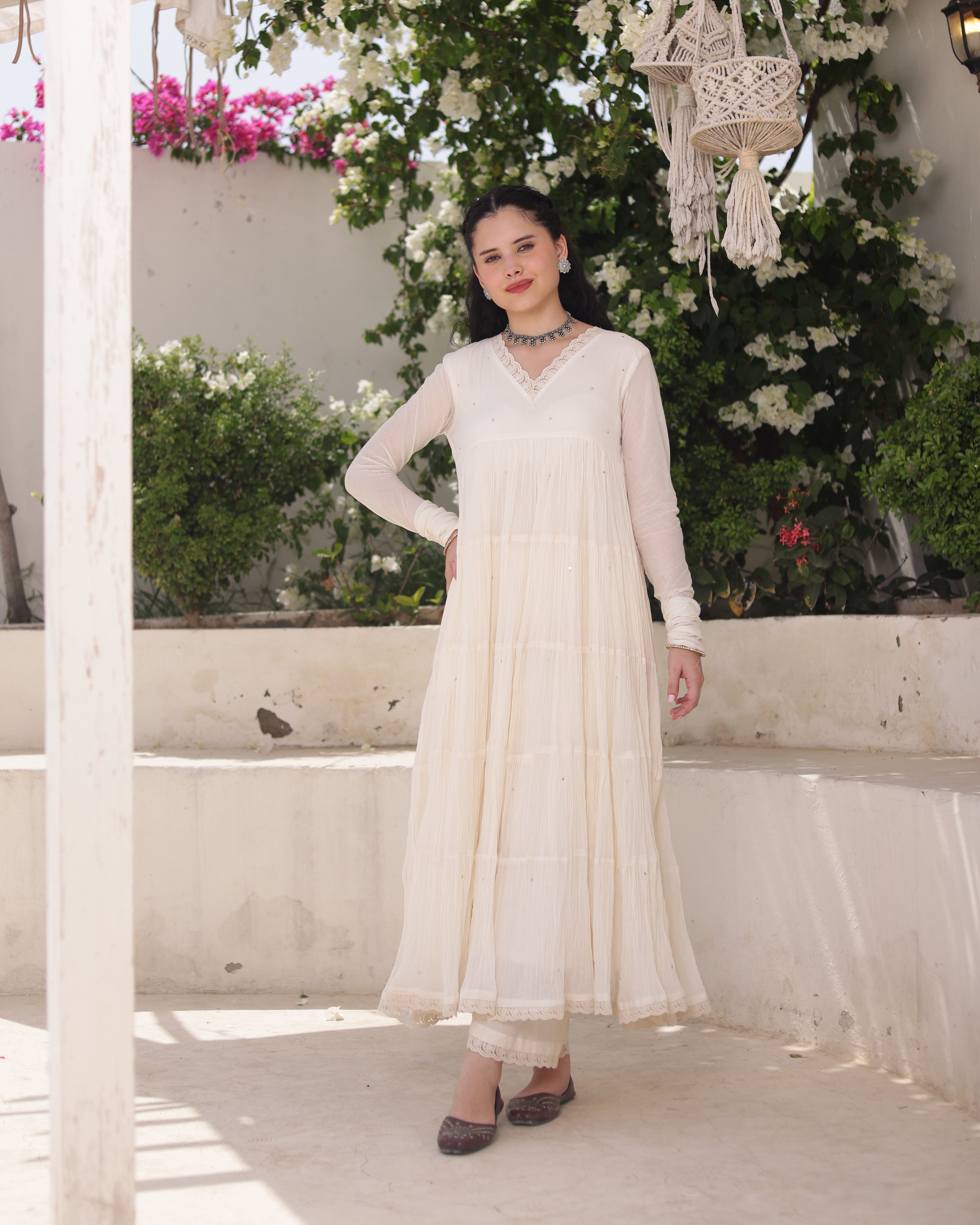 Ivory Noor Cotton Mulmul Anarkali Suit Set with Taari Work Dupatta