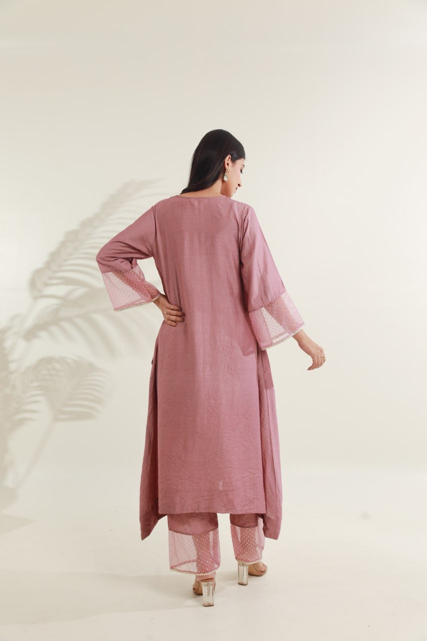 Rose Pink Chanderi Straight Set Asrumo