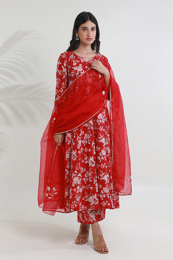 Red Jaal Handblock Cotton Anarkali with Organza gota work Dupatta