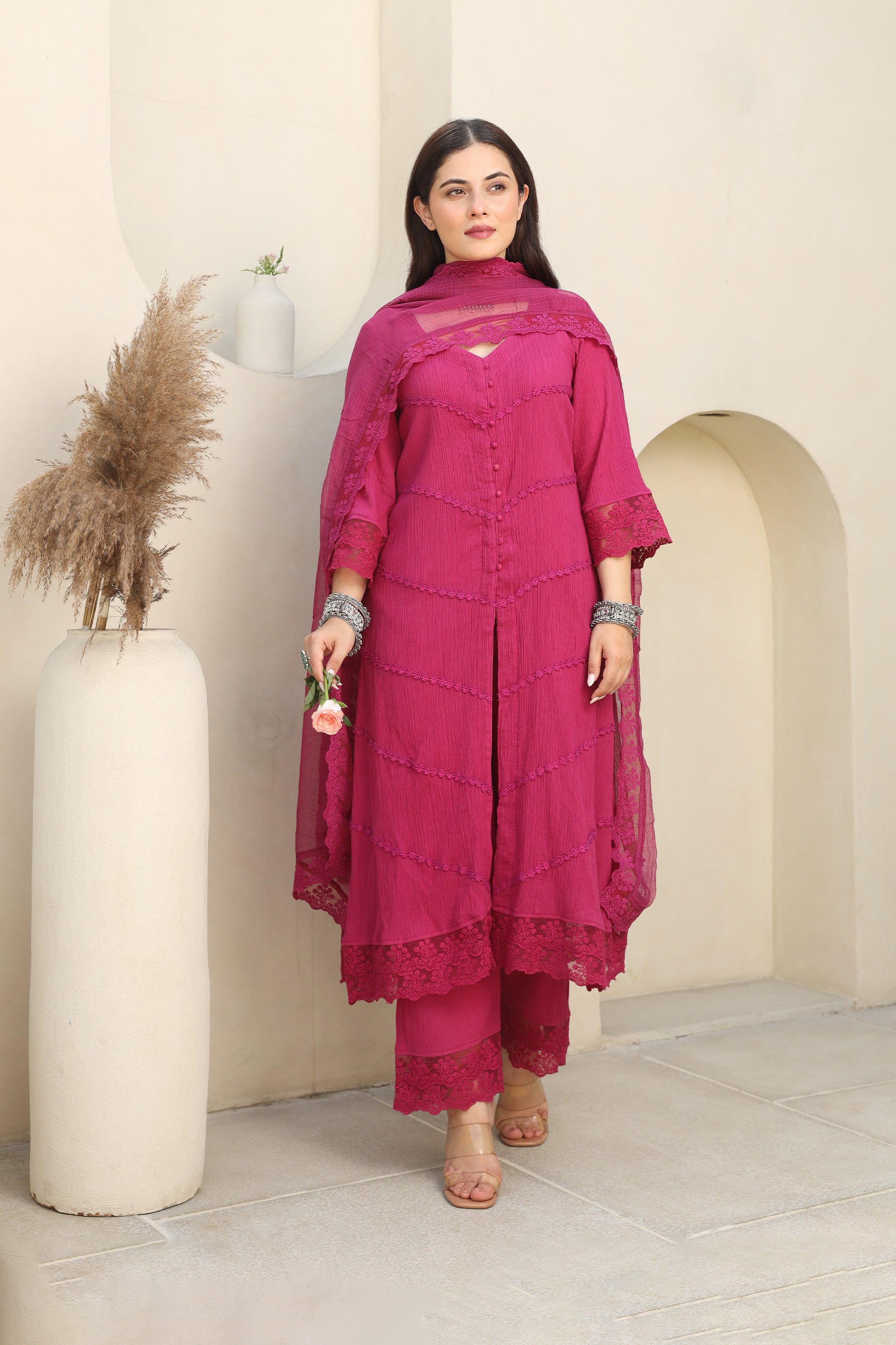 Magenta Bloom Cotton Gauze Suit Set Asrumo