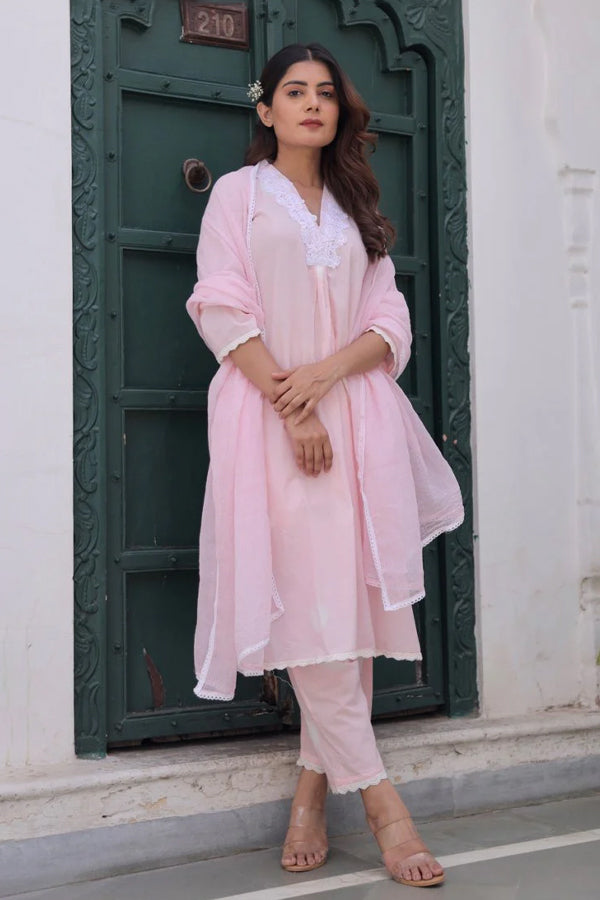 Pink Cotton Tie & Dye White Lace Straight Set with Doriya Dupatta