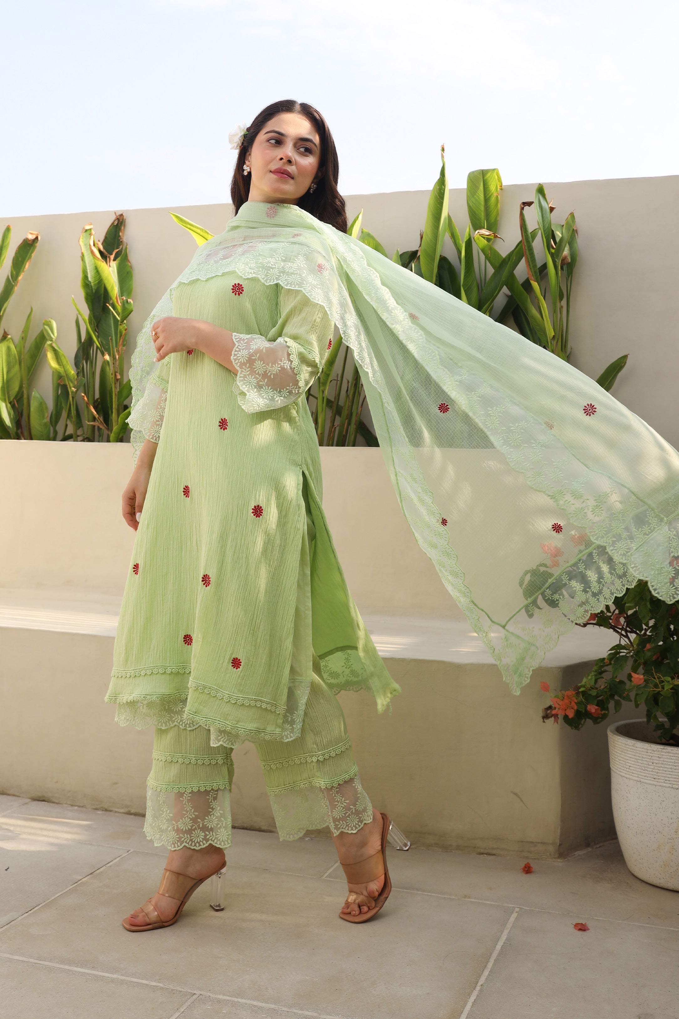 Floral Elegance Pista Cotton Gauze Kurta Set with Kota Doriya Dupatta Asrumo