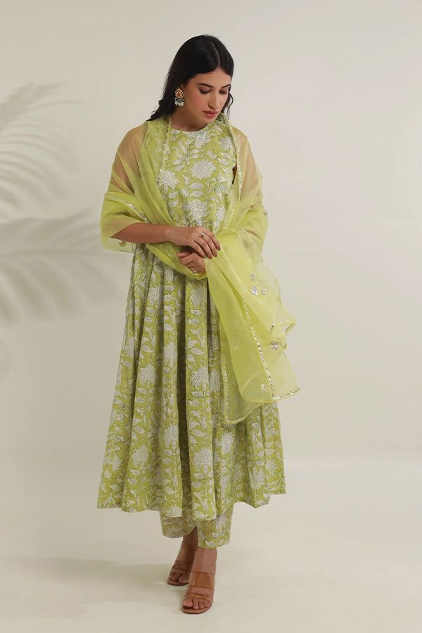 Pista Jaal Handblock Cotton Anarkali with Organza gota work Dupatta