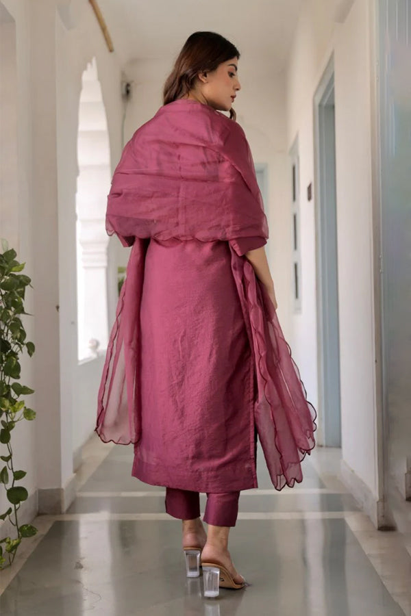 Purple Chanderi Straight Set With Organza Dupatta