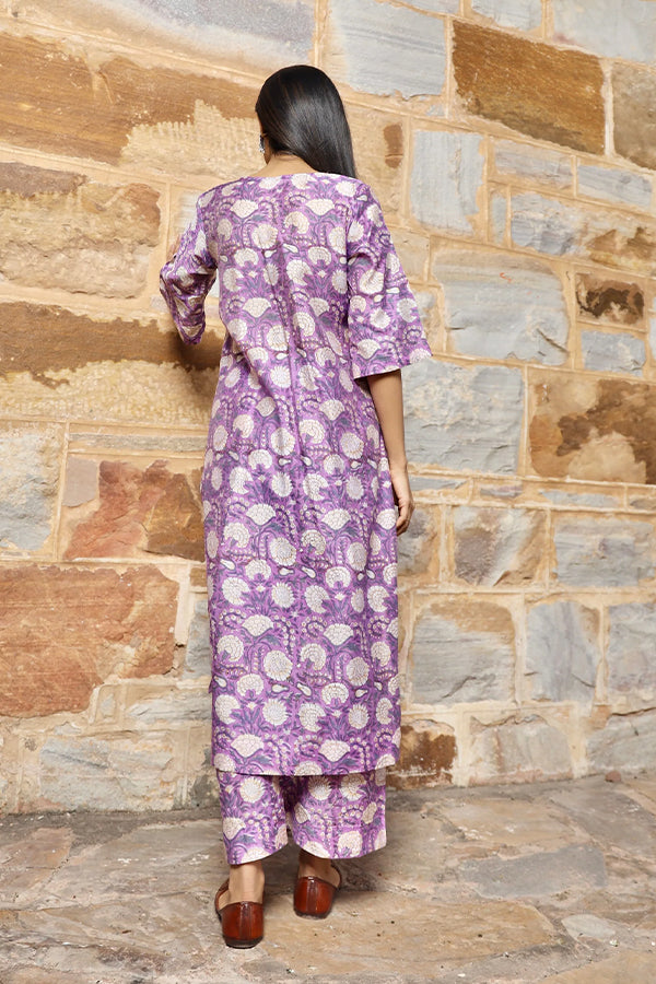 Purple flower print handblock chanderi kurta pant set