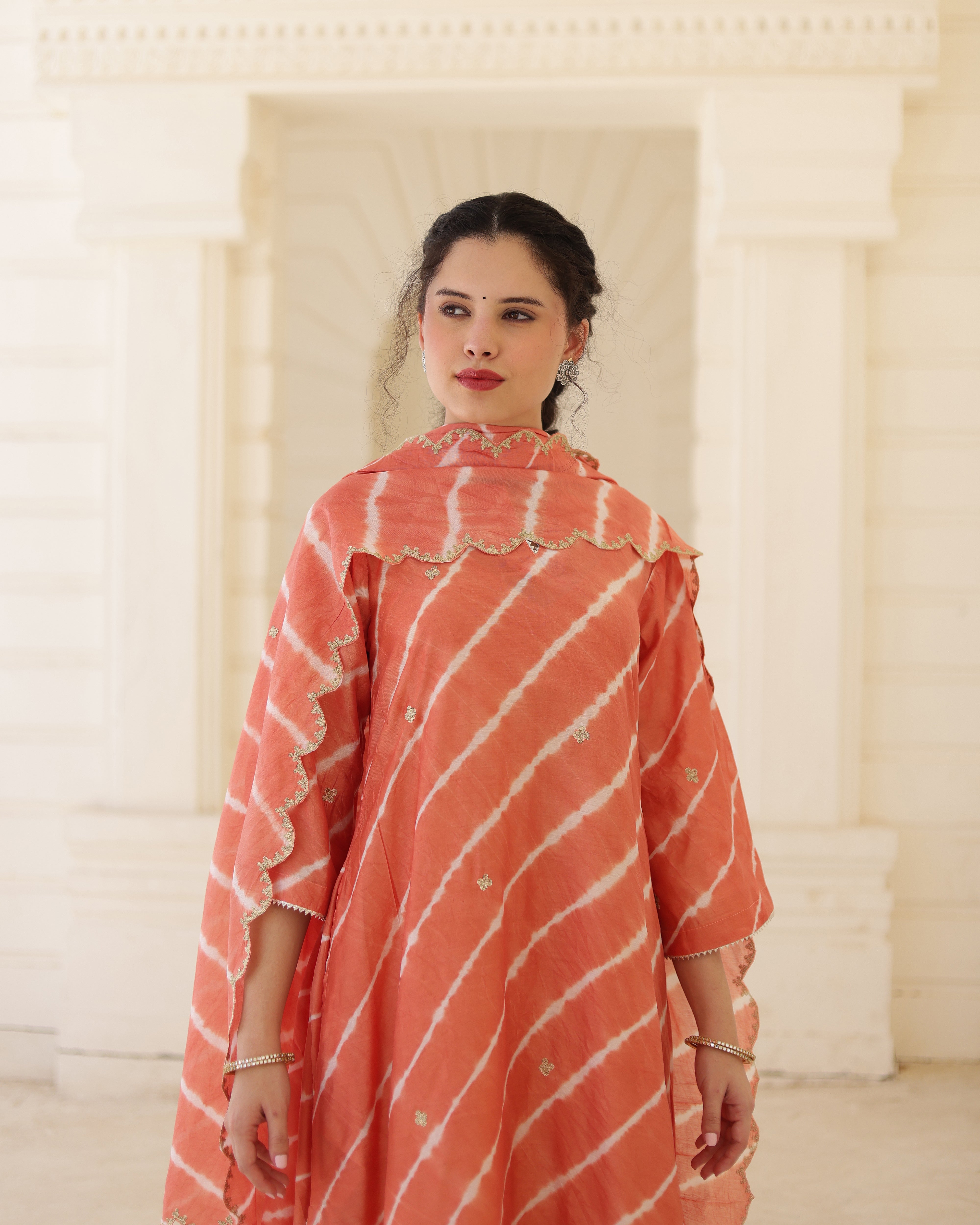 Terracotta Chanderi Hand Dyed Leheriya Kurta Set with Zari Embroidery