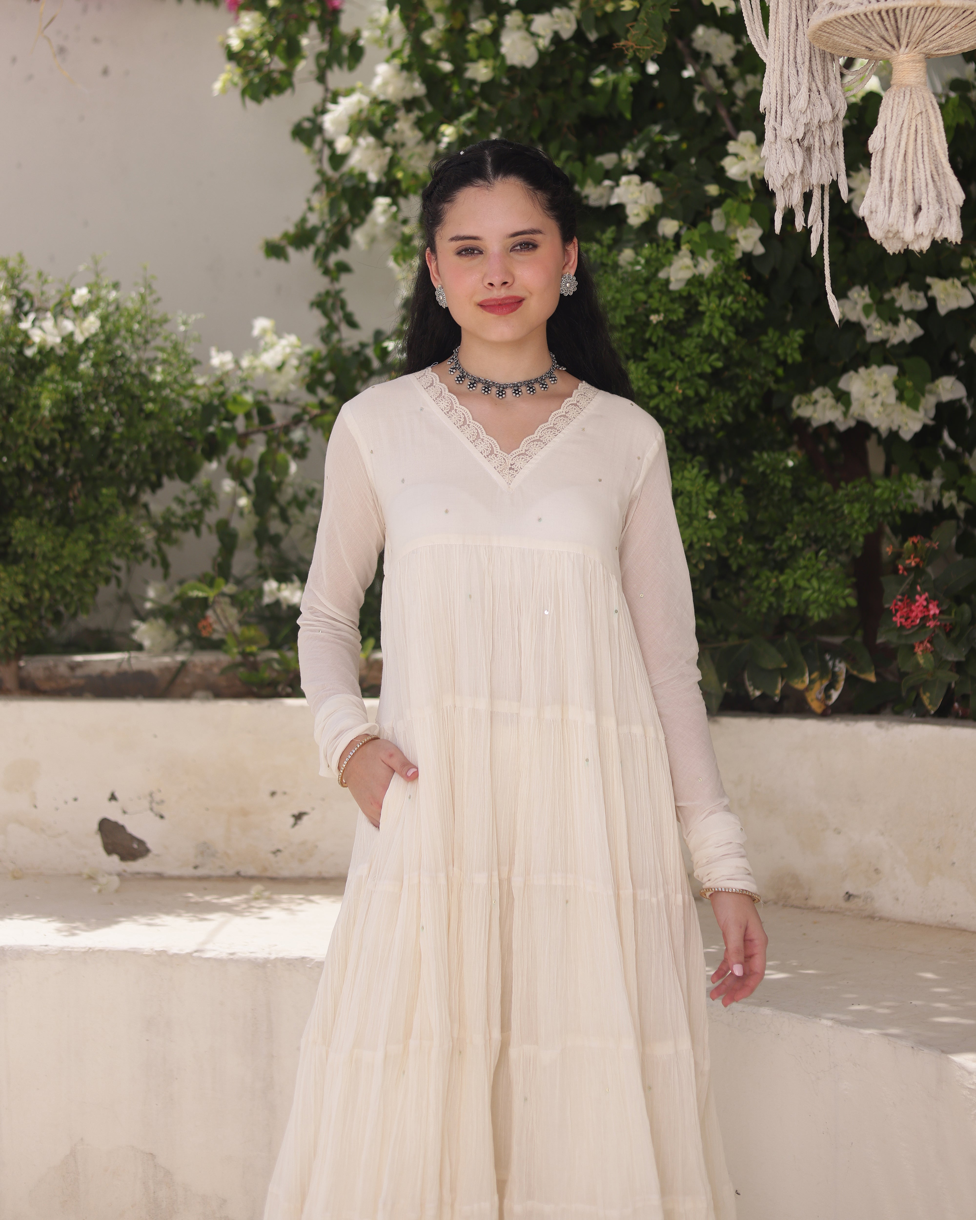 Ivory Noor Cotton Mulmul Anarkali Suit Set with Taari Work Dupatta