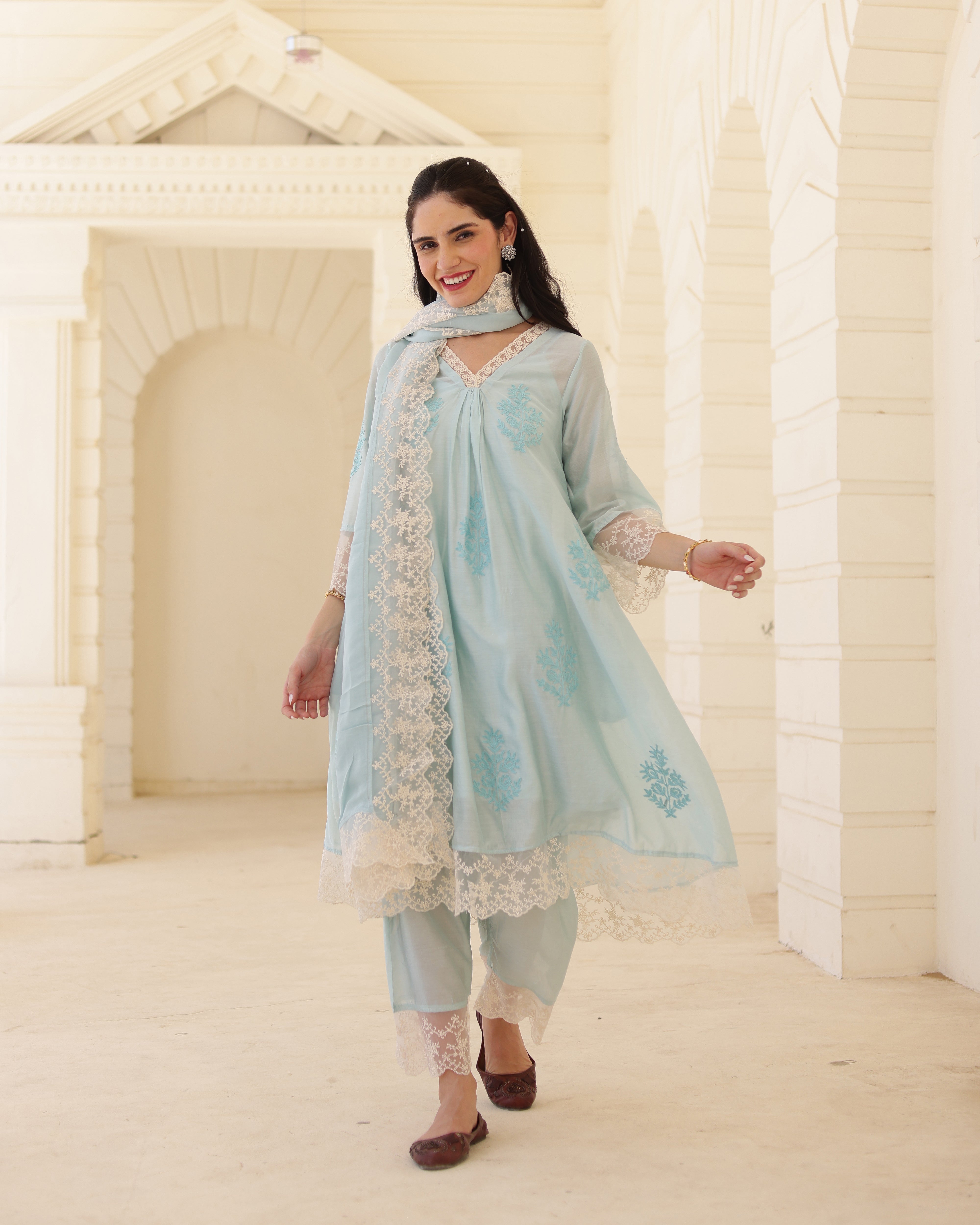 Liora Powder Blue Chanderi Aari Embroidered Suit Set with Lace Dupatta