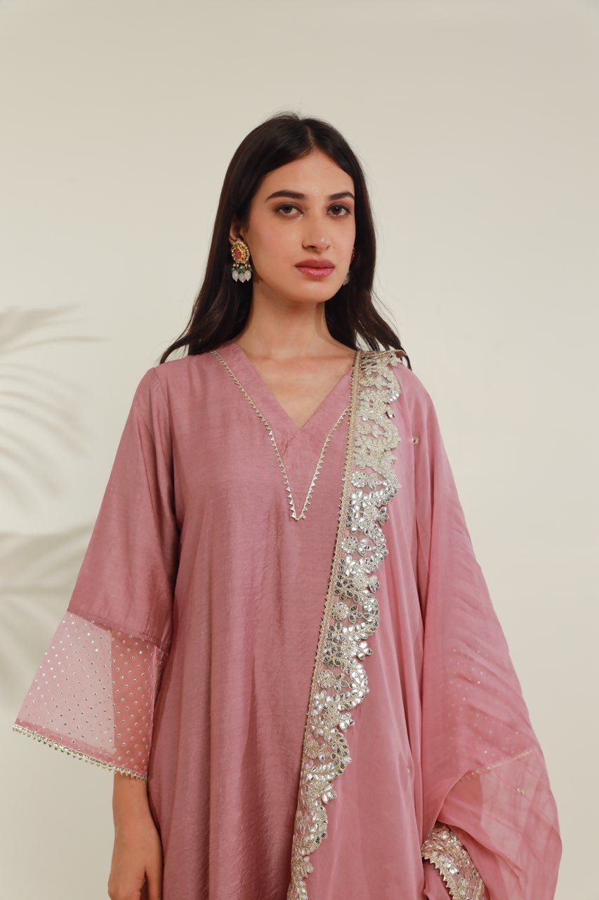 Rose Pink Chanderi Straight Set Asrumo