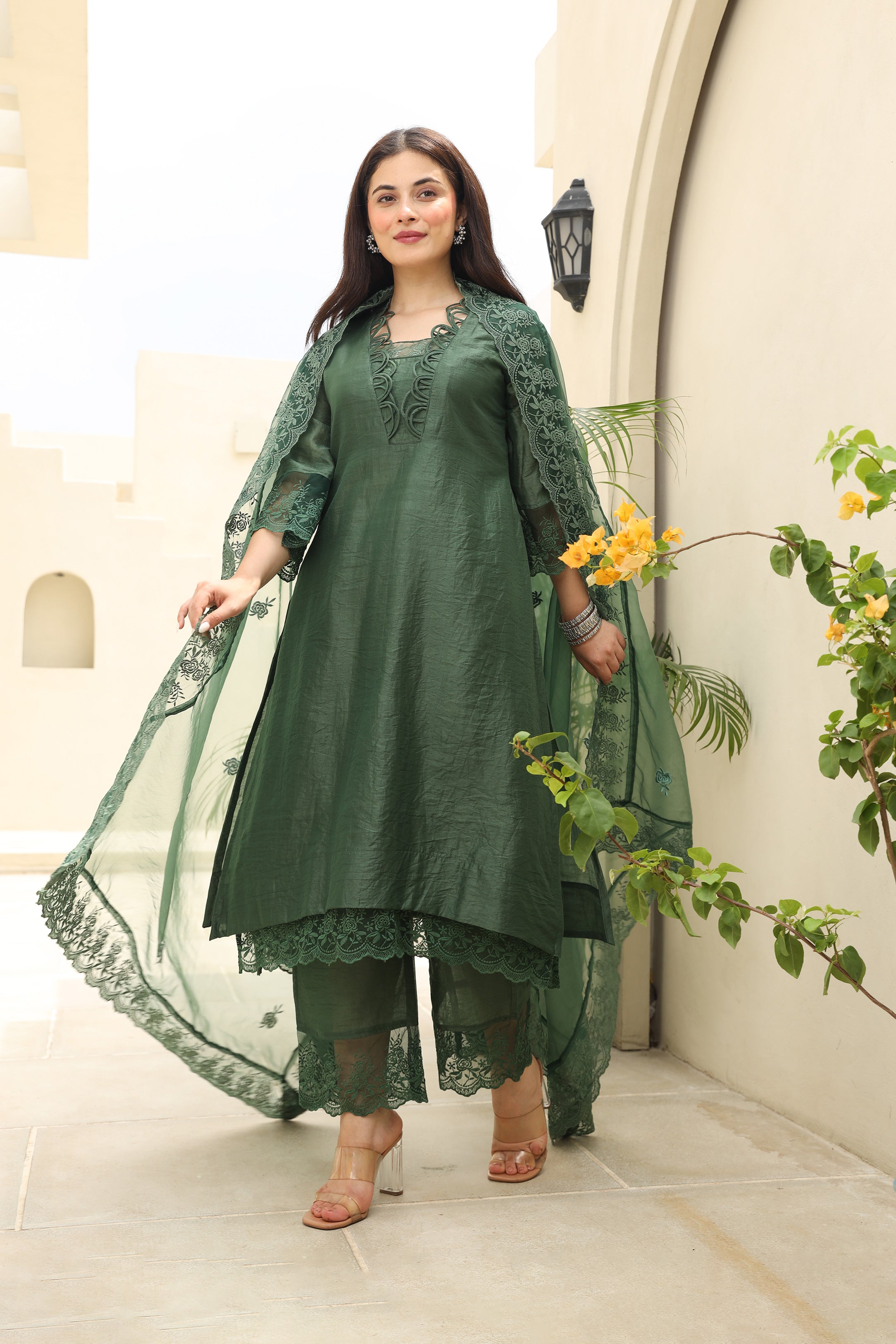 Emerald Elegance Chanderi fabric suit set Asrumo