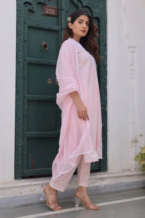 Pink Cotton Tie & Dye White Lace Straight Set with Doriya Dupatta