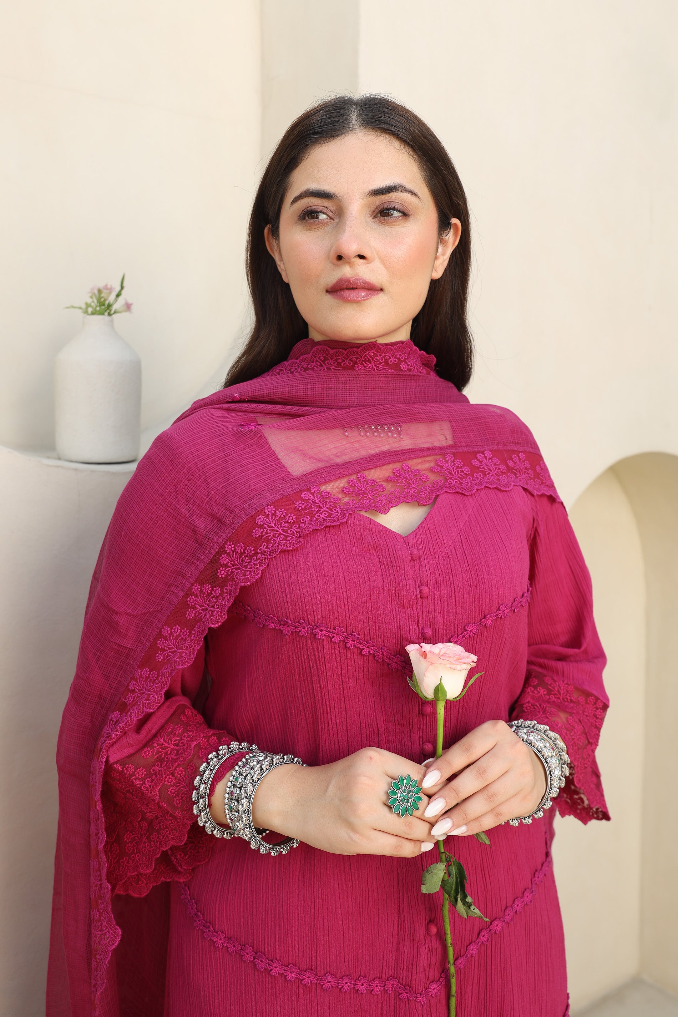 Magenta Bloom Cotton Gauze Suit Set Asrumo