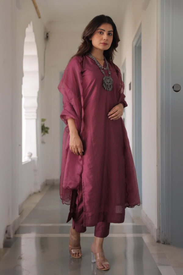 Purple Chanderi Straight Set With Organza Dupatta