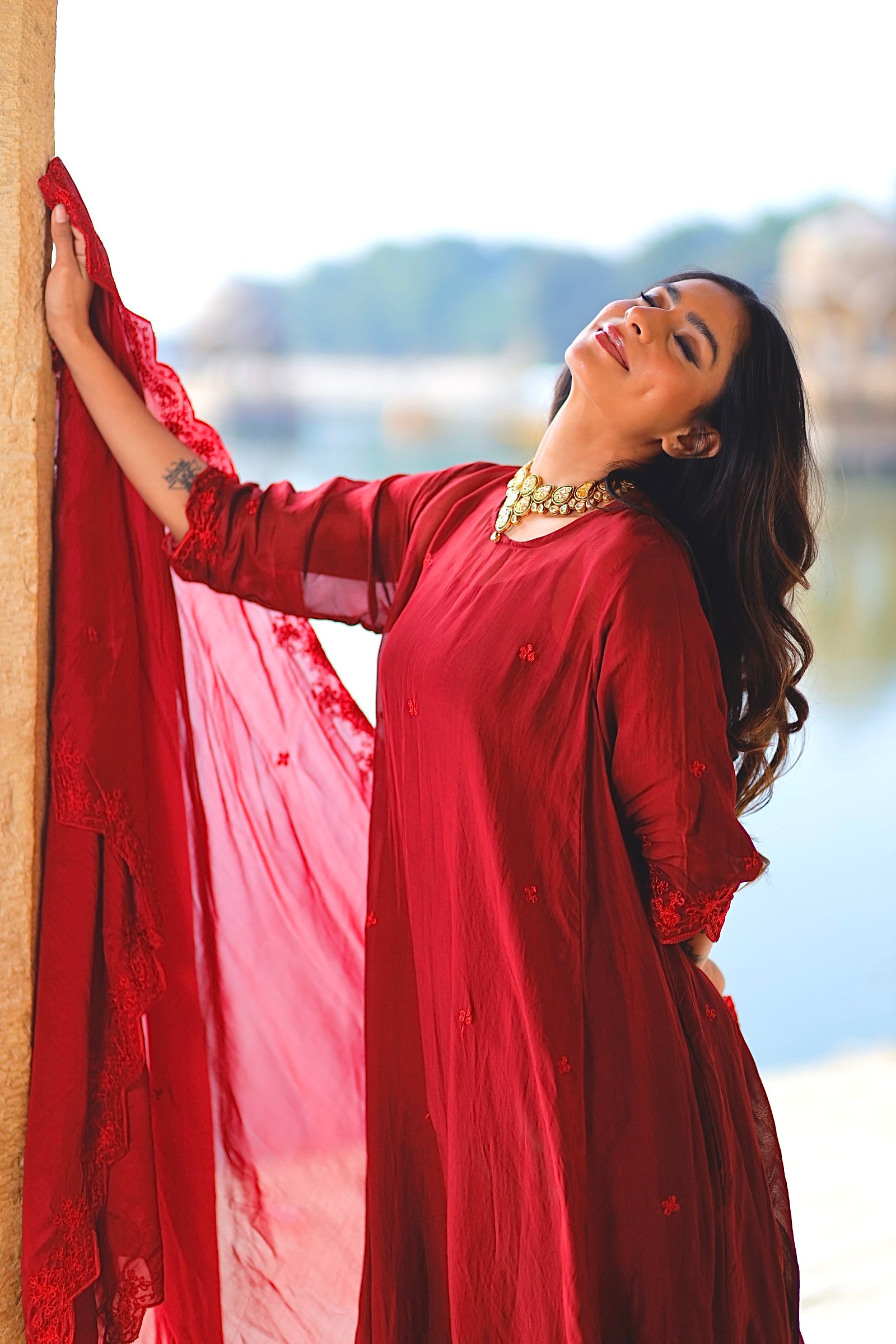 Red Hand Aari Embroidery Viscose Organza Three Kali Kurta Set - Asrumo