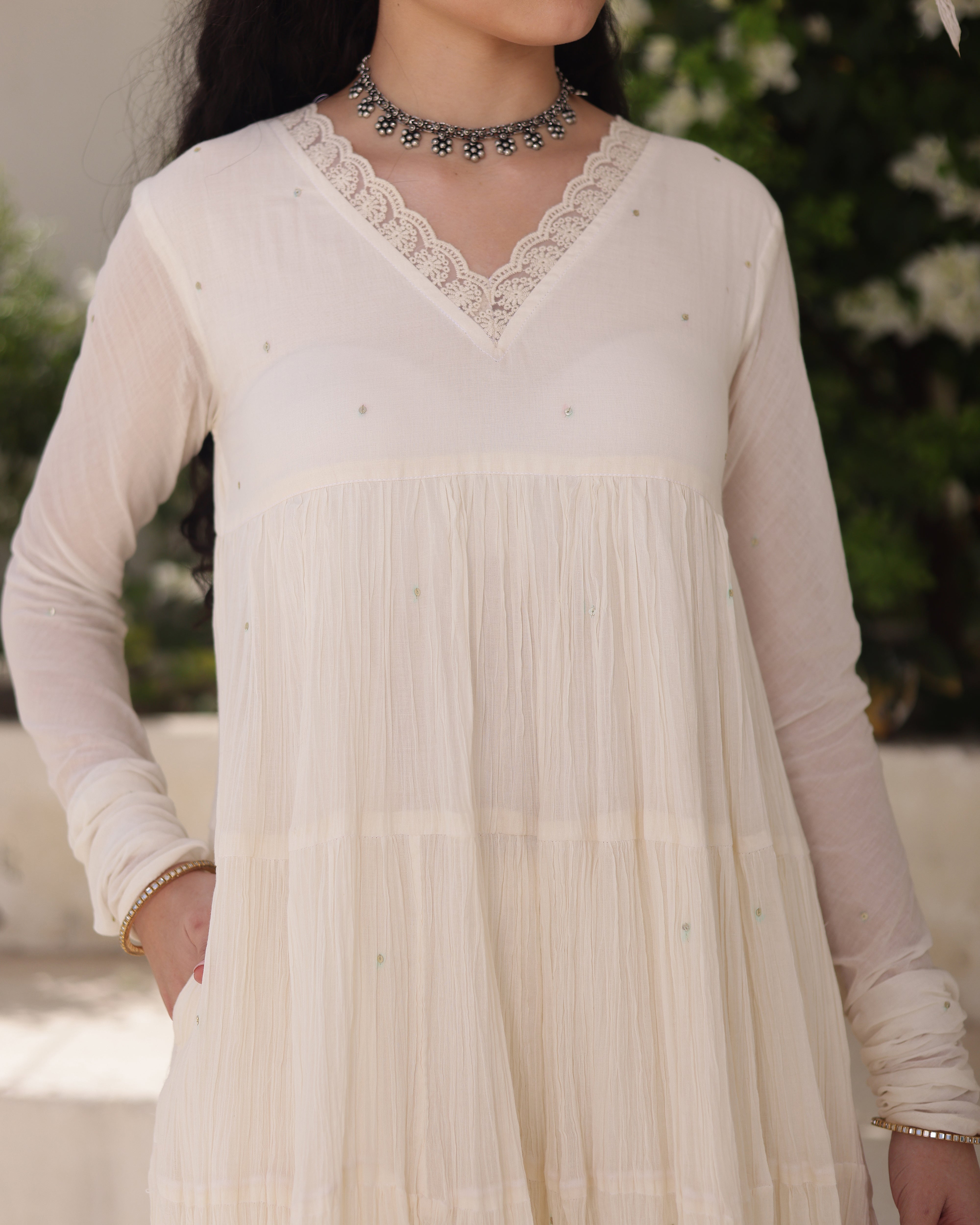 Ivory Noor Cotton Mulmul Anarkali Suit Set with Taari Work Dupatta