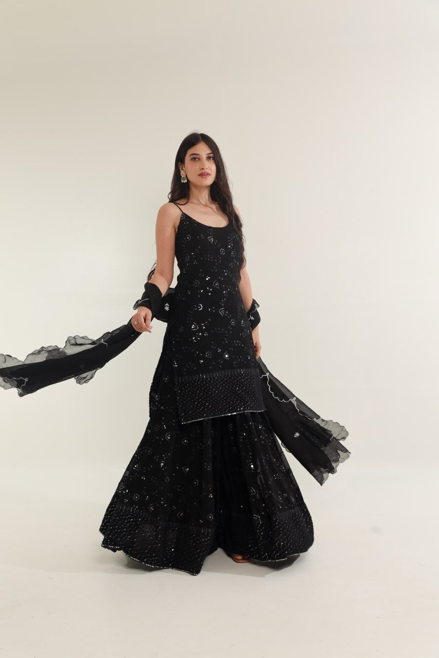 Black mirror work chikankari georgette sharara set Asrumo