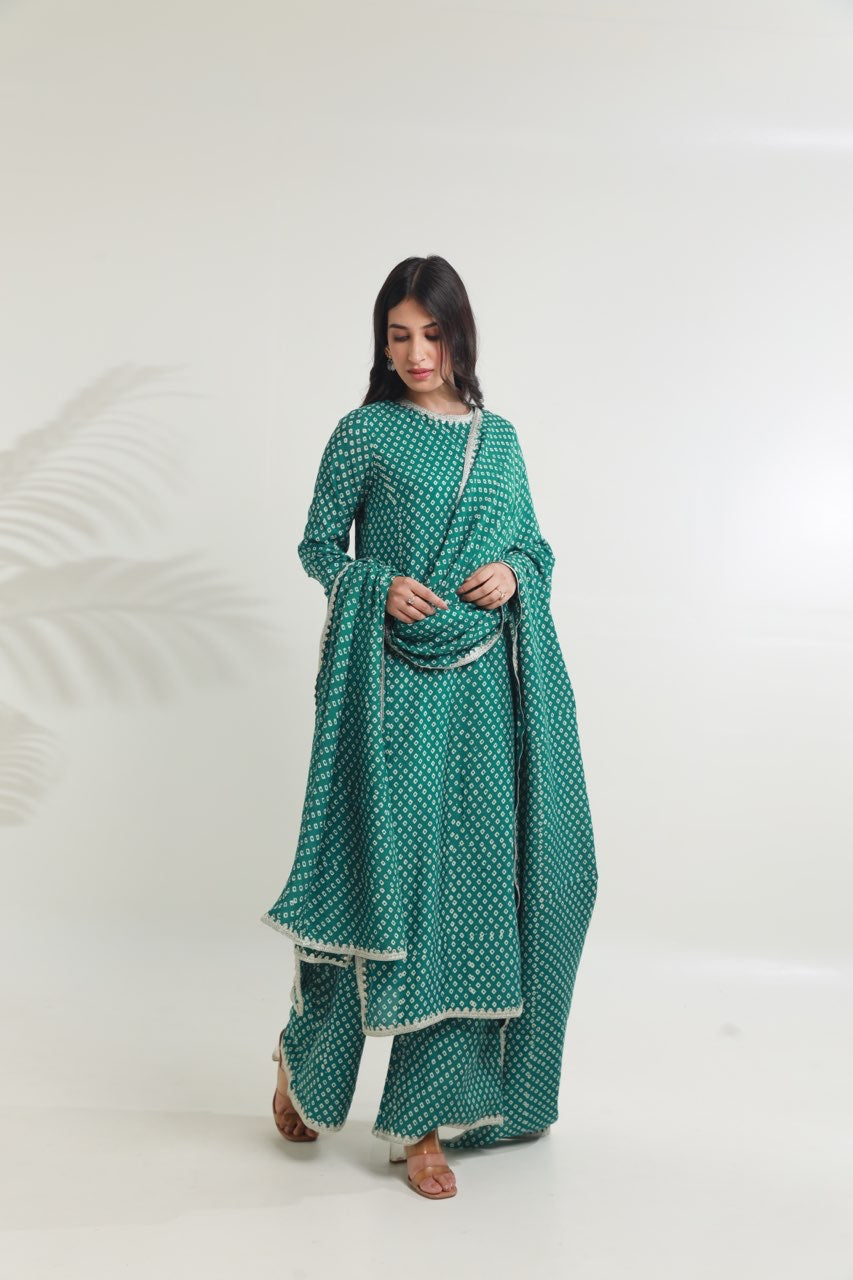 Rama green bandhej handblock straight muslin set Asrumo