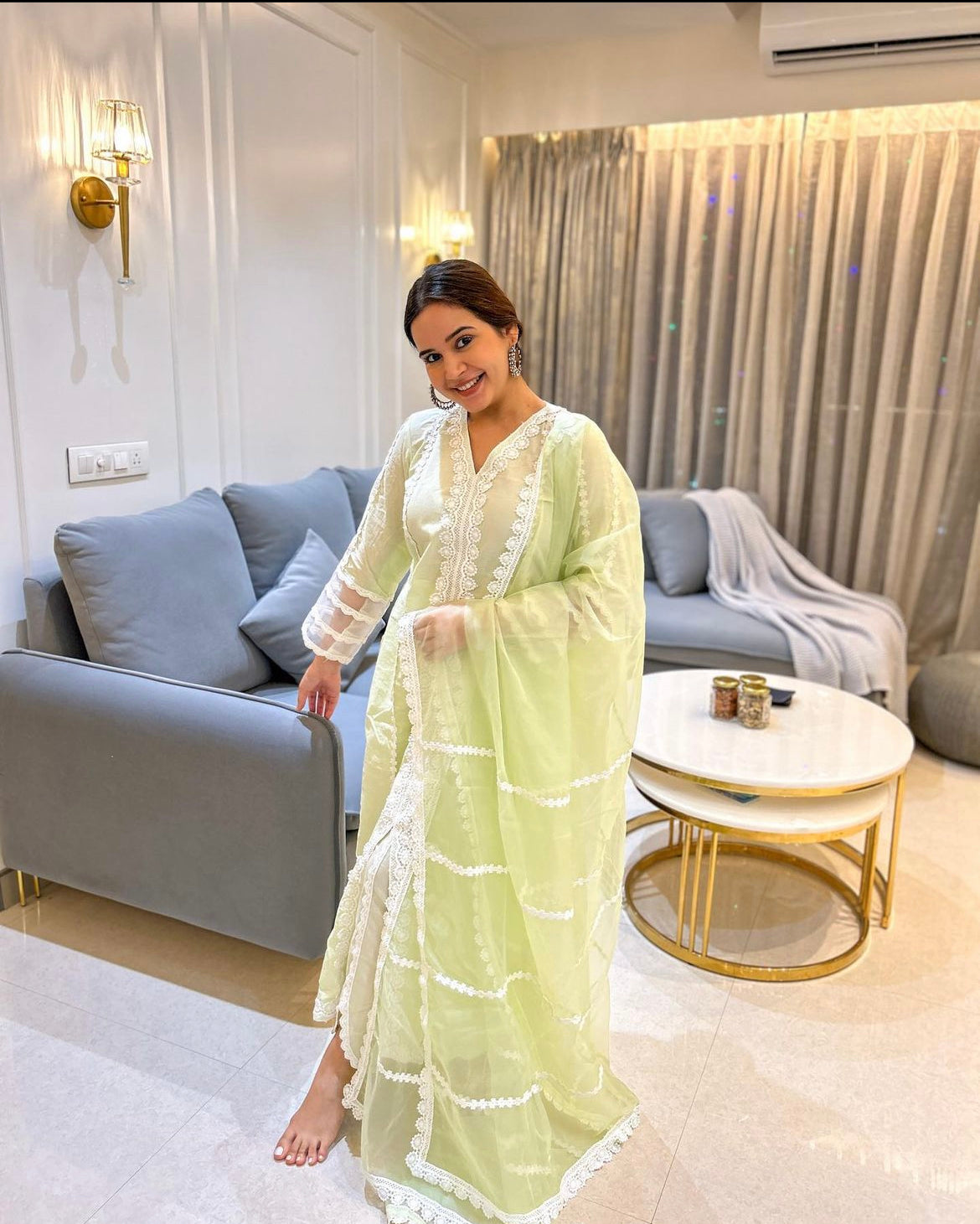 Pista cotton white lace straight set